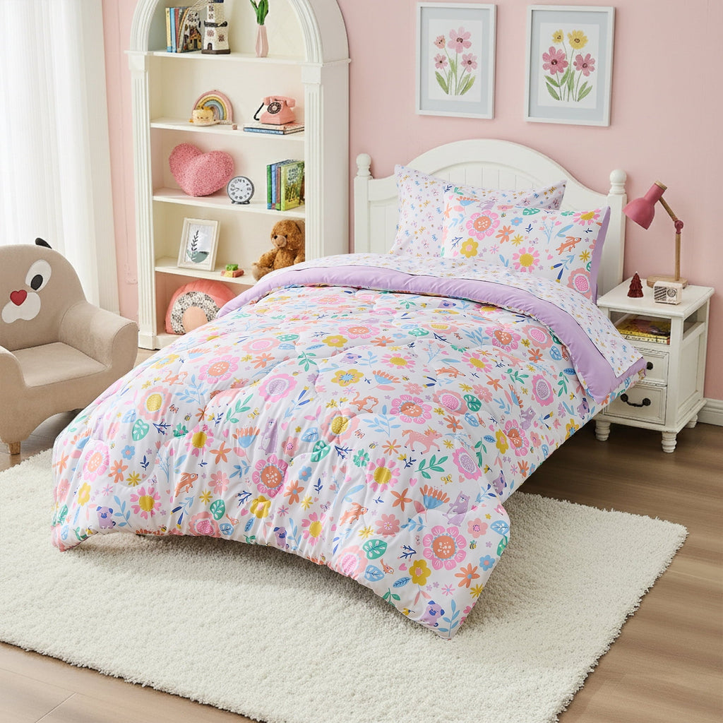 Fluffy Down Alternative Floral Comforter Set, Soft Microfiber Flower Bedding Set, 5 Pieces with Comforter, Sheets and Pillowcases, Twin - Luxurious Quilted Duvet Cover Set Detail