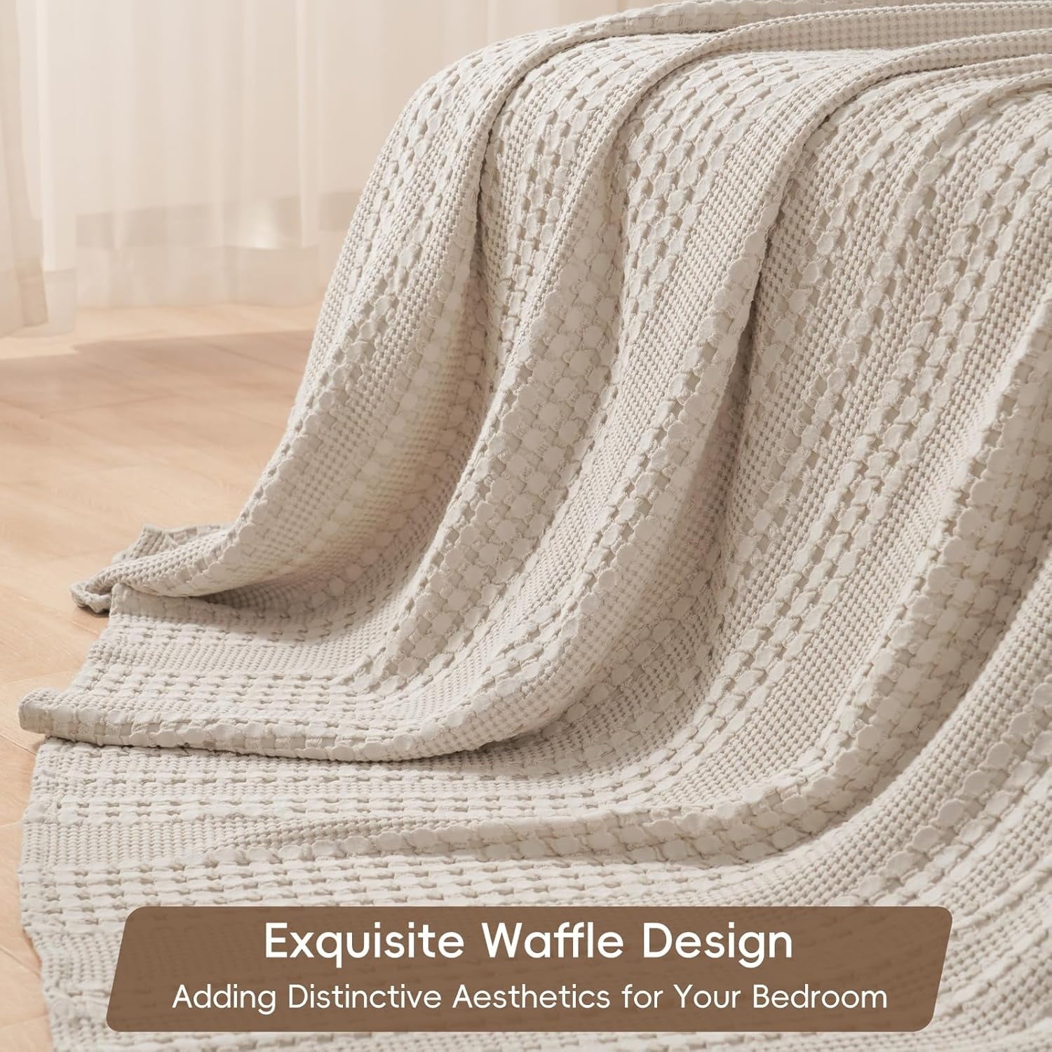 Reversible Sherpa 100% Cotton Waffle Weave Blanket, Lightweight Throw Washed Blanket for Bed Sofa Home Decor, Oatmeal, 50"x60" - Lightweight Plush Warm Blanket for All Seasons Detail