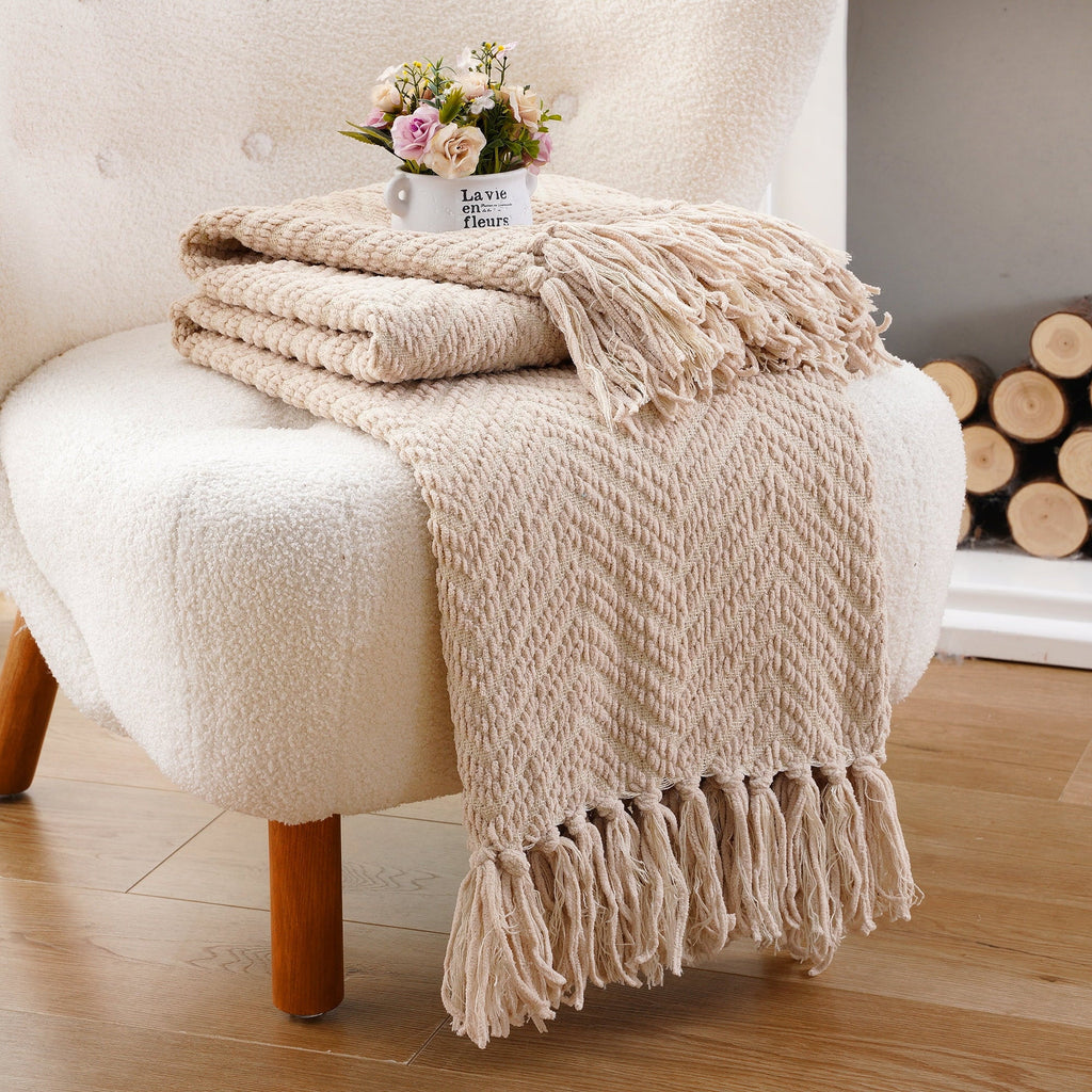 Reversible Sherpa Beige Throw Blanket,Textured Knitted Tan Throws with Tassels,Neutral Sofa Bed Throws,50"x60" - Lightweight Plush Warm Blanket for All Seasons Detail