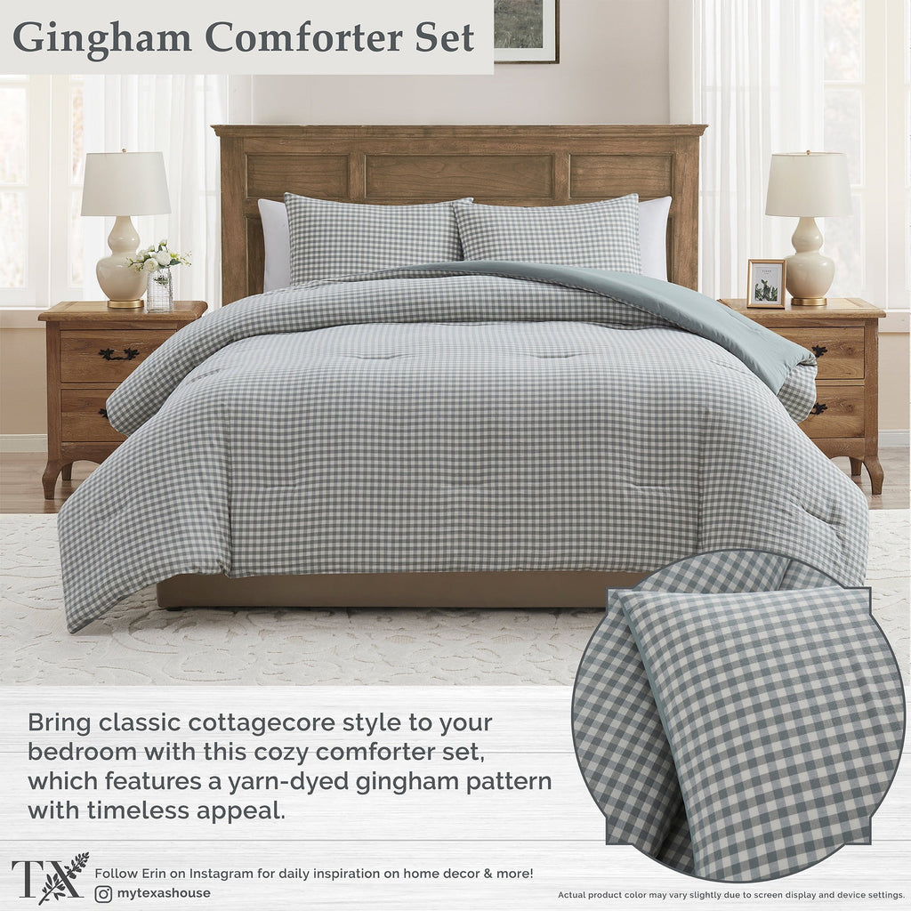Heavyweight Warmth Full/Queen Comforter Set, All-Season, 3-Piece, Green Gingham Plaid - Hypoallergenic Ultra-Fluffy Quilt for Winter Detail