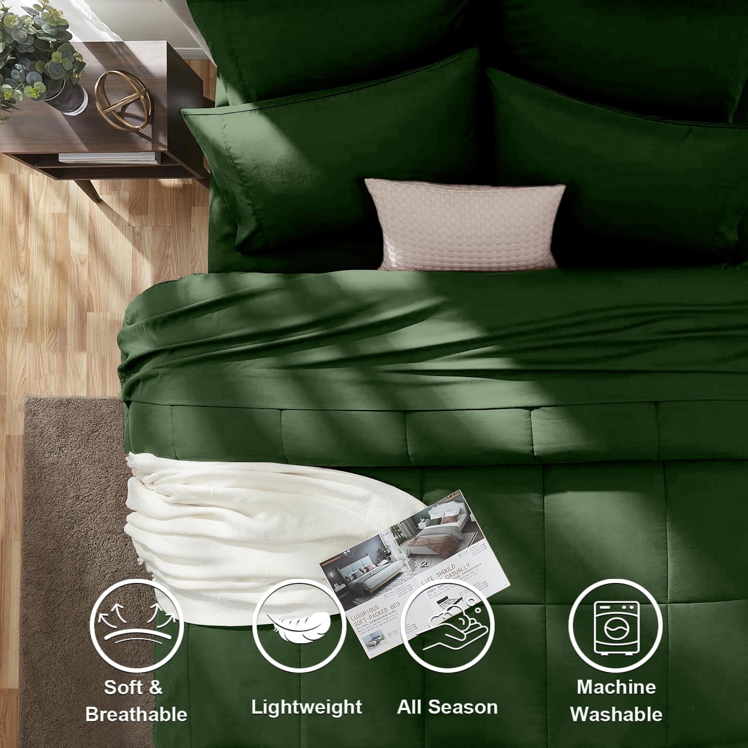 Luxurious Quilted Queen Comforter Set Forest Green Bed in a Bag Queen Size 7 Pieces Soft Bed Set Lightweight Microfiber Green Bedding C... - All-Season Down Alternative Comforter Insert Detail
