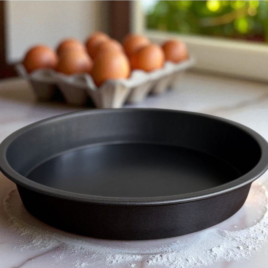 Time-Saving 9" x 9" Round Nonstick Steel Cake Pan, Dark Gray - Premium Stainless Steel Garlic Presser & Peeler Detail