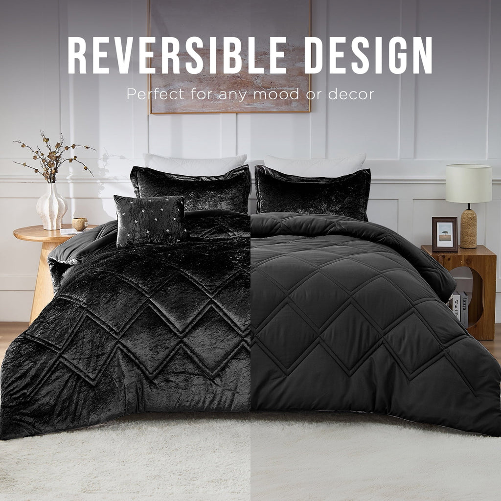 Fluffy Down Alternative King/Cal King Size Comforter Sets, Velvet Bedding Comforter Set for All Seasons, Black Bedding Set with Decor Pillow - Hypoallergenic Ultra-Fluffy Quilt for Winter - Default Title
