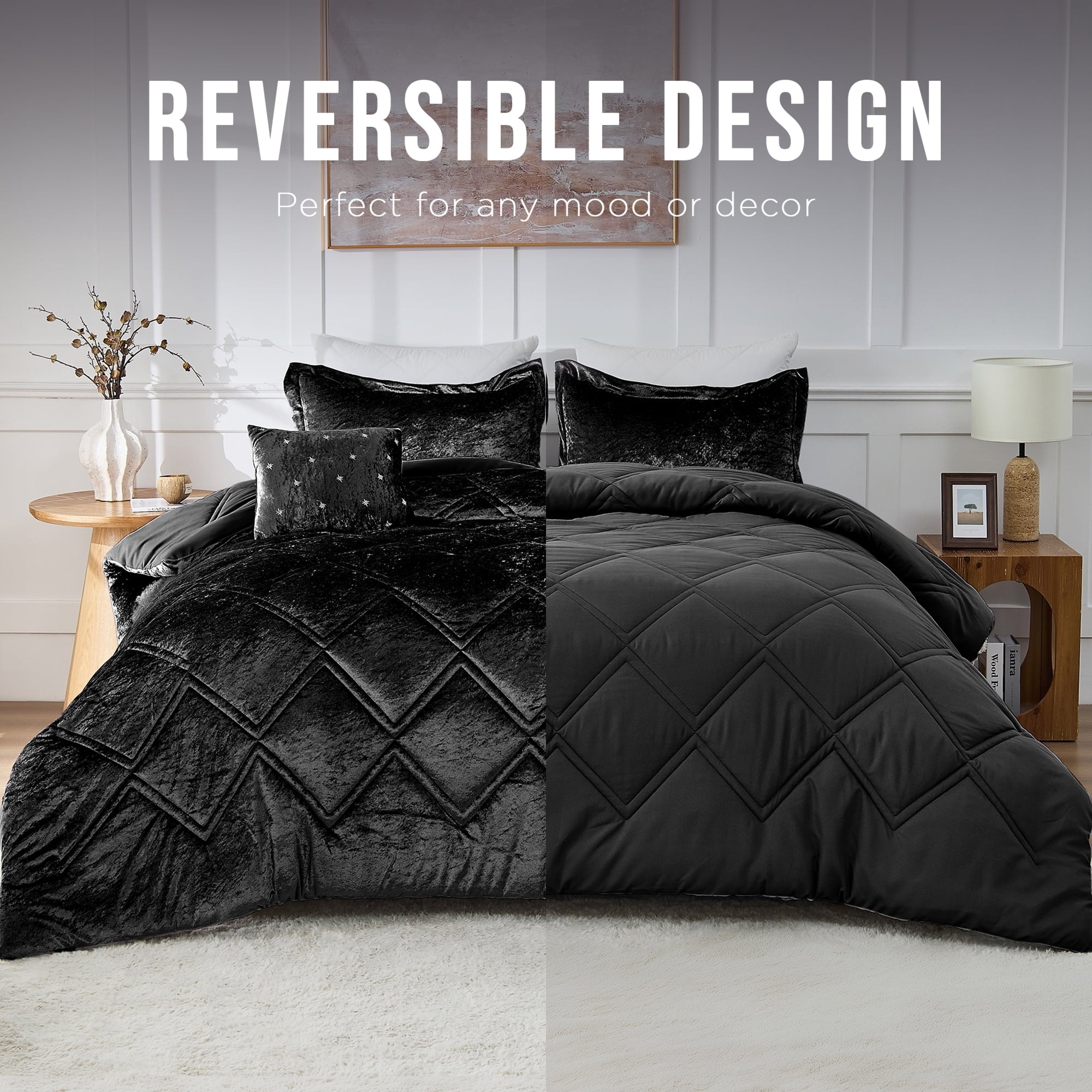 Fluffy Down Alternative King/Cal King Size Comforter Sets, Velvet Bedding Comforter Set for All Seasons, Black Bedding Set with Decor Pillow - Hypoallergenic Ultra-Fluffy Quilt for Winter - Default Title