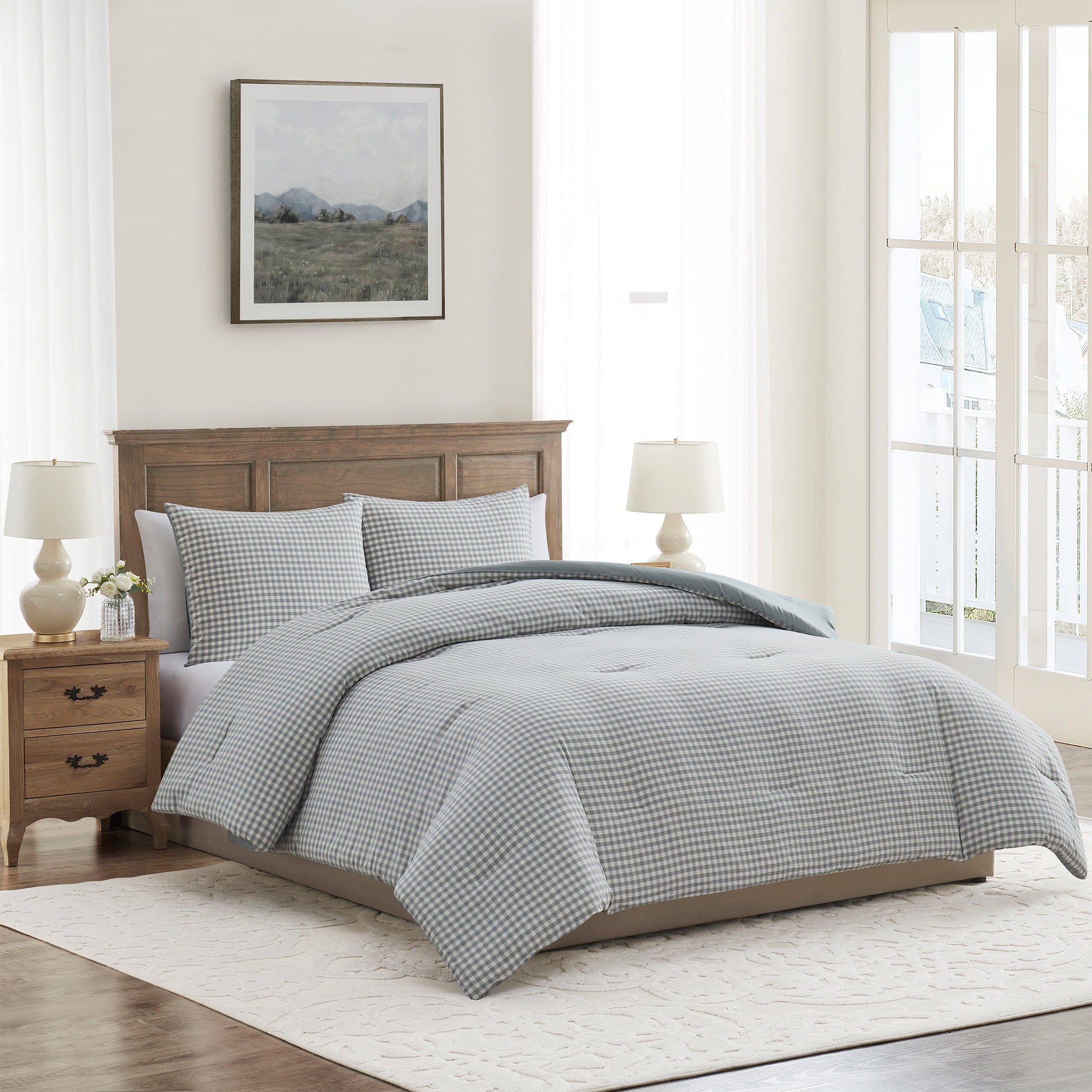 Heavyweight Warmth Full/Queen Comforter Set, All-Season, 3-Piece, Green Gingham Plaid - Hypoallergenic Ultra-Fluffy Quilt for Winter Detail