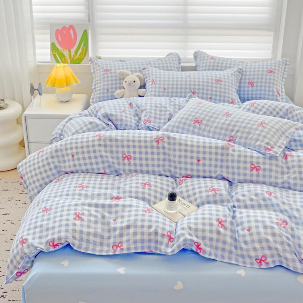 Hypoallergenic Cloud 3-Piece Blue Plaid Pink Bows Comforter Full Set , Cute Soft Bedding Set for Kids Adults - Hypoallergenic Ultra-Fluffy Quilt for Winter Detail
