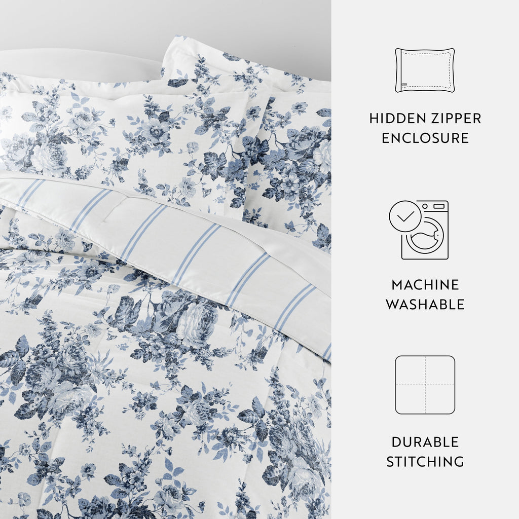 Fluffy Down Alternative Down Alternative Cabbage Rose Stripe Stone Reversible Comforter Set - Hypoallergenic Ultra-Fluffy Quilt for Winter Detail