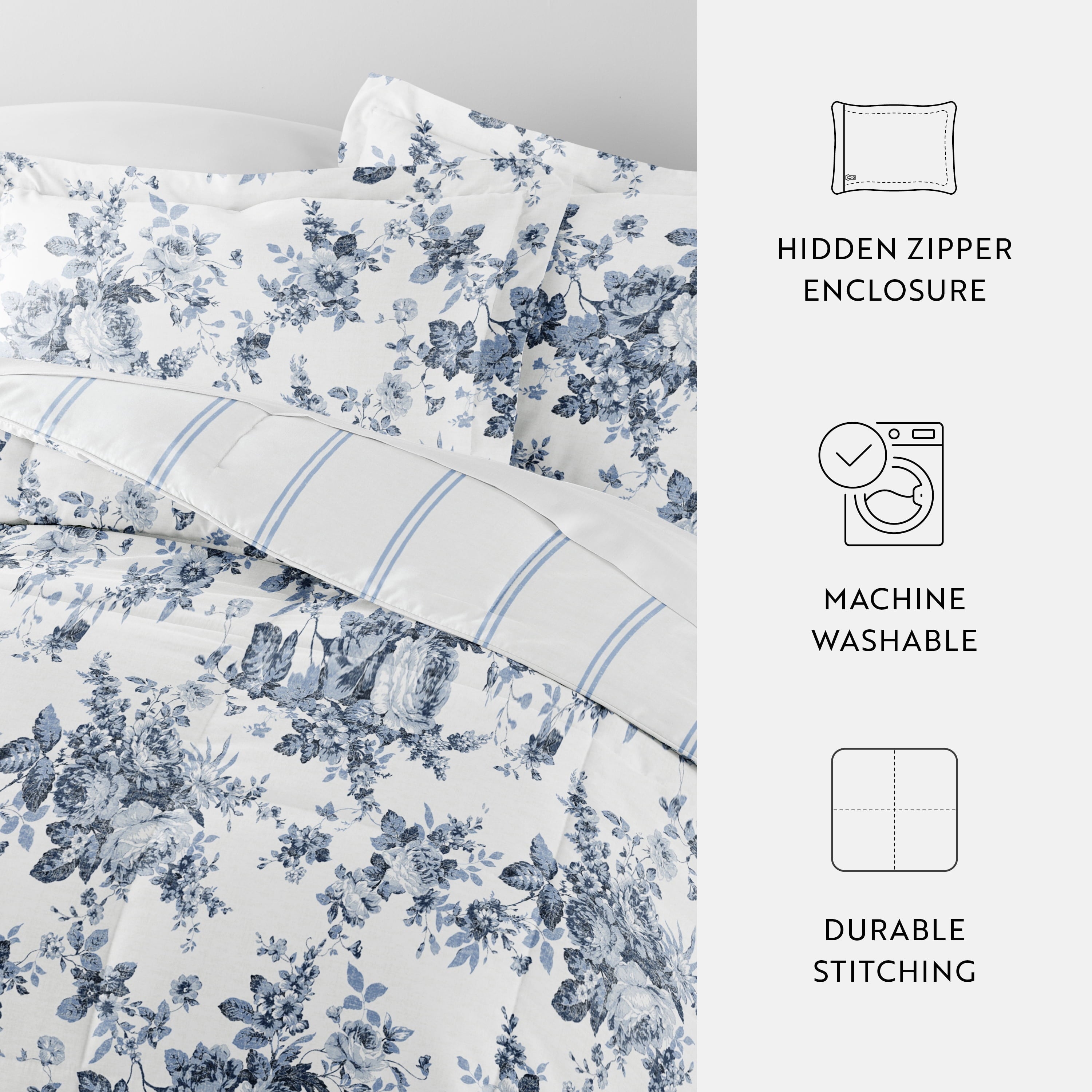 Fluffy Down Alternative Down Alternative Cabbage Rose Stripe Stone Reversible Comforter Set - Hypoallergenic Ultra-Fluffy Quilt for Winter Detail