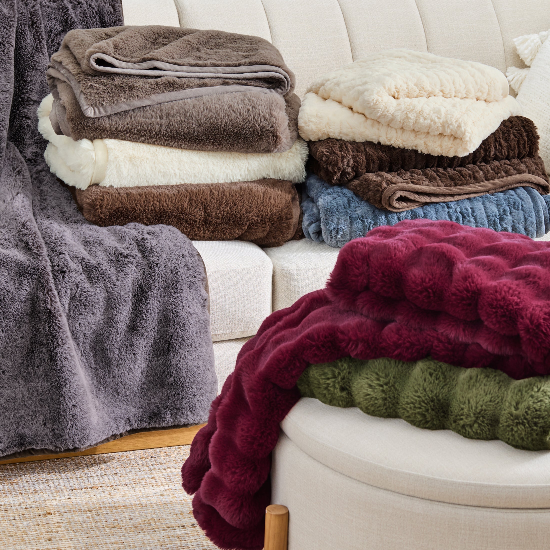 Decorative Knitted Grey Faux Fur Ultra Soft Luxury Oversized Throw Blanket 50" x 72", Grey Bisque - Super Soft Reversible Sherpa Flannel Blanket Detail