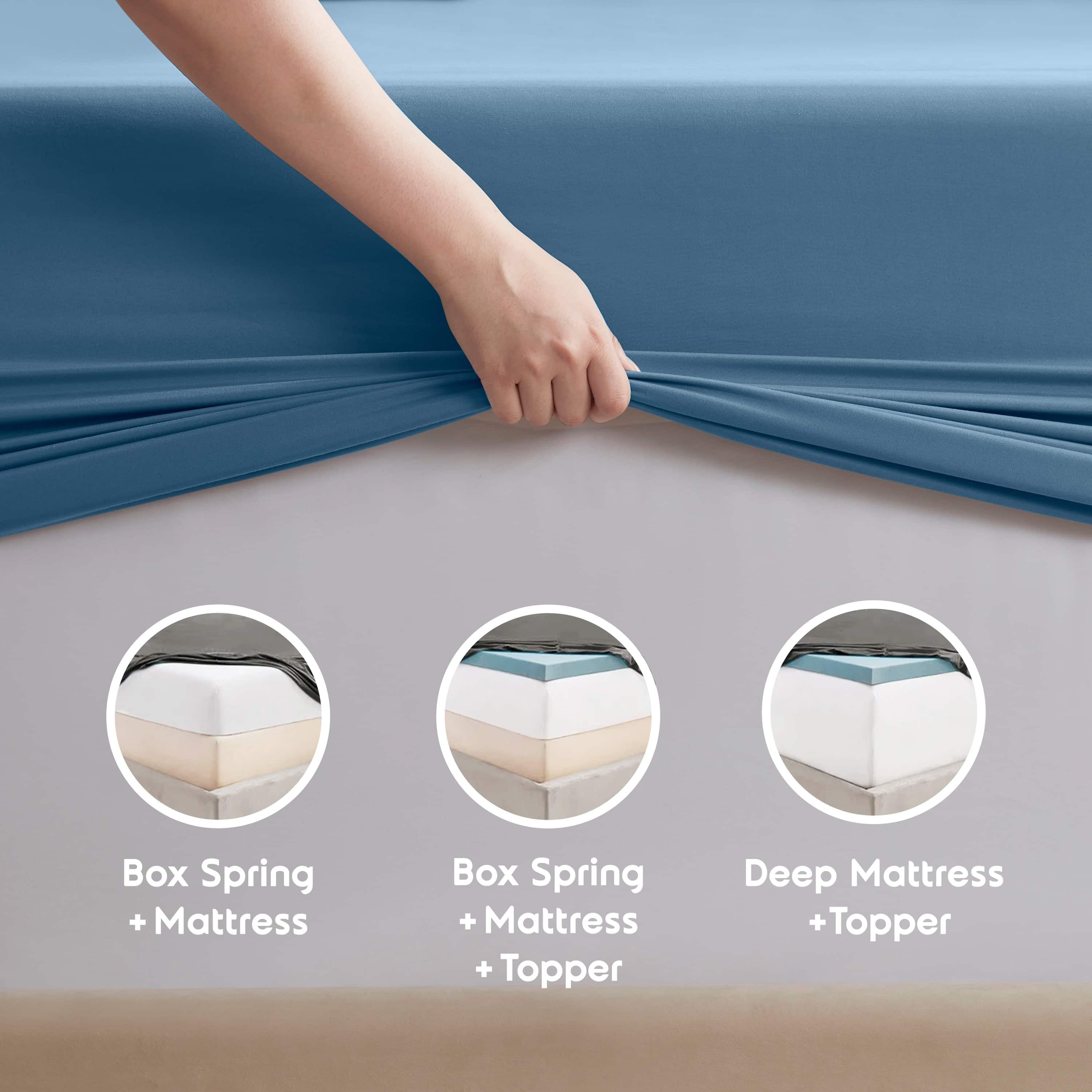 Cooling Sateen Split King Sheet Sets, Deep Pocket 5 Piece, Luxury Soft Microfiber Bed Sheet Sets, BLUE HEAVEN - Breathable Egyptian Cotton Flat & Fitted Sheets Detail