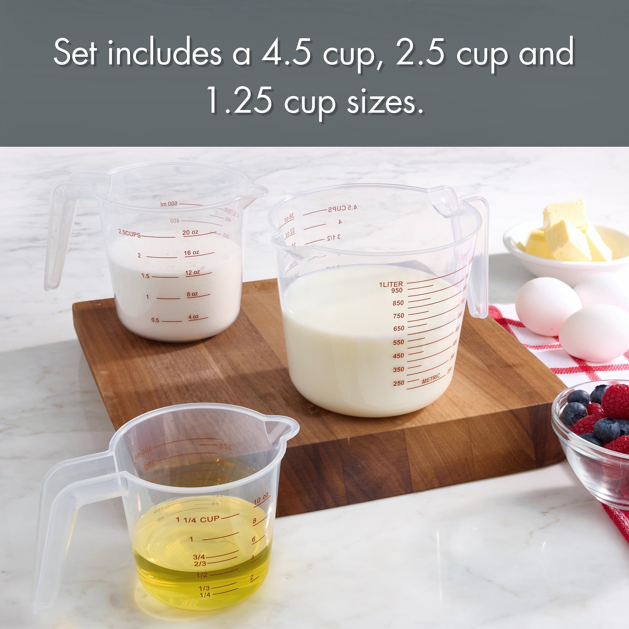 Premium Kitchen 3-Piece Tapered Spout Nesting Plastic Measuring Cups Set, Clear - Premium Stainless Steel Garlic Presser & Peeler Detail