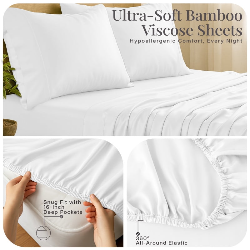 Breathable Luxury Lux Decor 100% Organic Viscose - 4 Piece Ultra-Soft Luxury Cooling Bed Sheets, 16" Deep Pocket, Breathable & Hypoalle... - Luxury Bed Sheet Set with Deep Pockets Detail