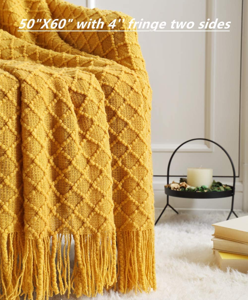 Reversible Sherpa Decorative Soft Spring Summer Fall Throw Blanket ,for Couch Sofa Chair Bed,50''X60'',Mustard Yellow - Cozy Fleece Throw Blanket for Couch & Bed Detail