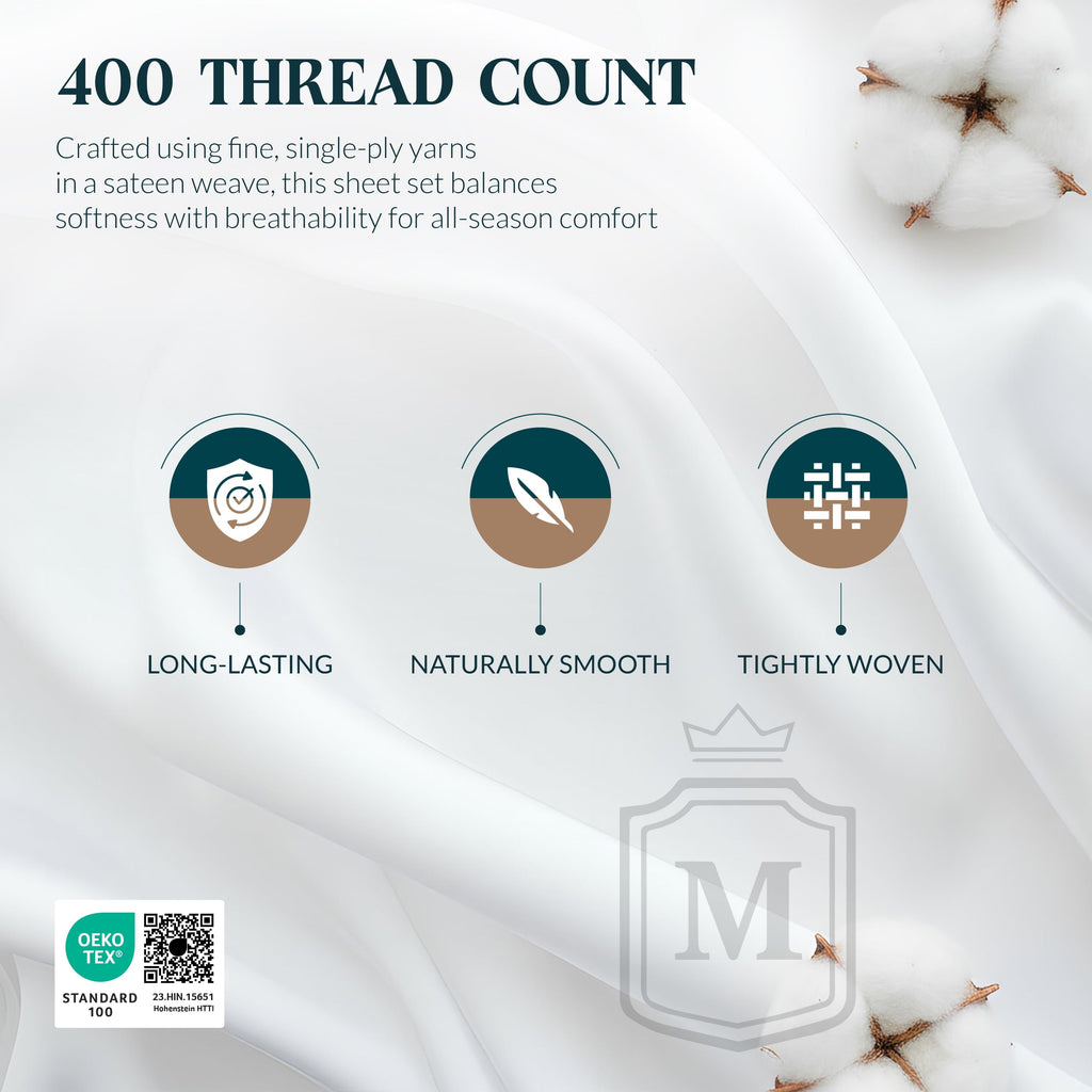 Breathable Luxury 100% Cotton Sheets For Queen Size Bed - Luxury 400 Thread Count Queen Sheet Set, 4 Piece Sateen Weave Queen White Cot... - Breathable Egyptian Cotton Flat & Fitted Sheets Detail