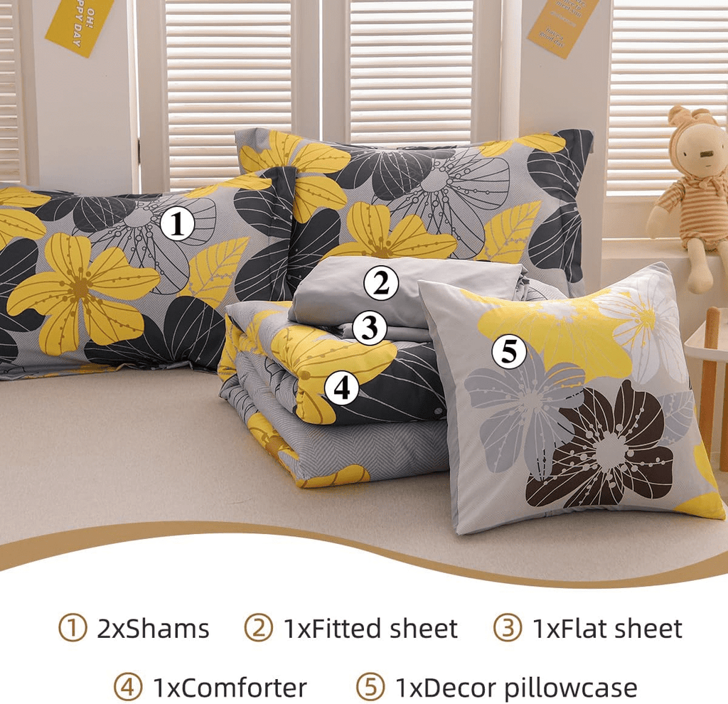 Heavyweight Warmth Yellow Floral Comforter Set Queen Flower Bed Set Adult Soft Botanical Boho Bedding Set - Cloud-Like Soft Lightweight Bed Comforter Detail