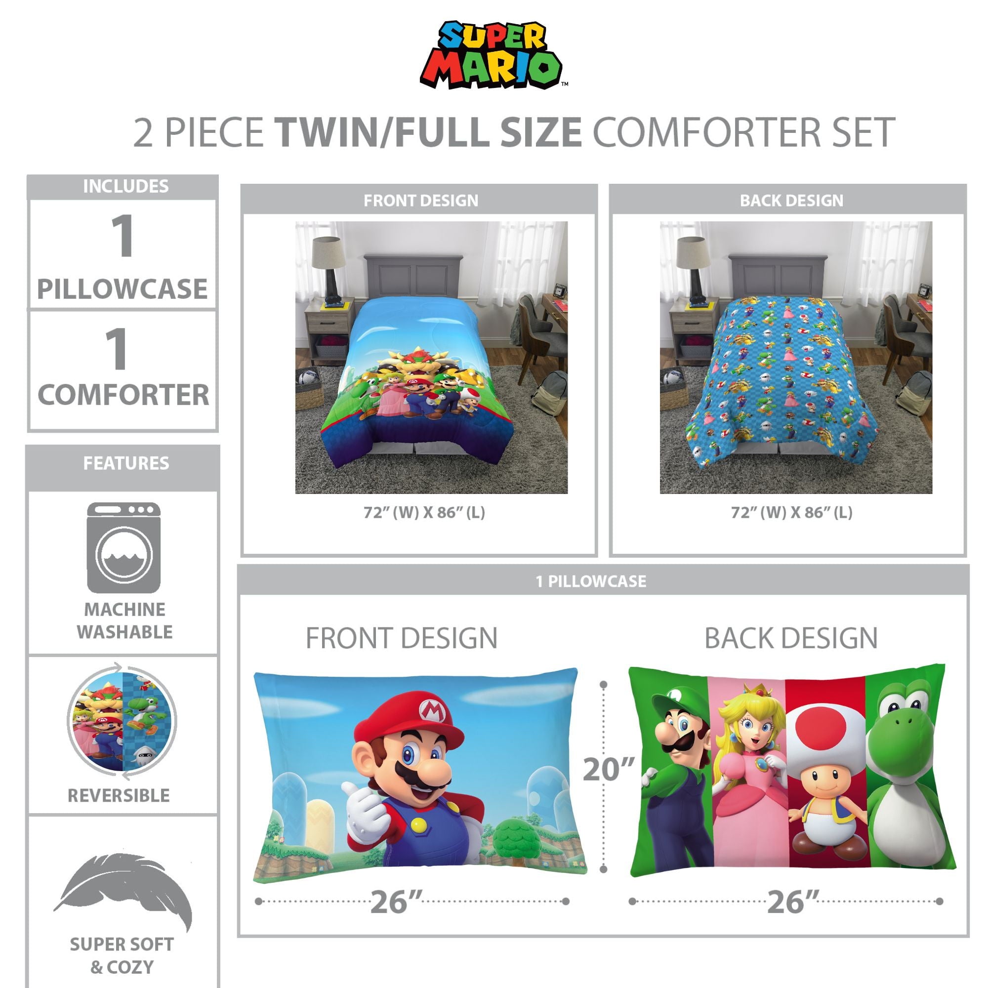Luxurious Quilted Kids Comforter and Pillowcase, 2-Piece Set, Twin/Full, Reversible - Luxurious Quilted Duvet Cover Set Detail