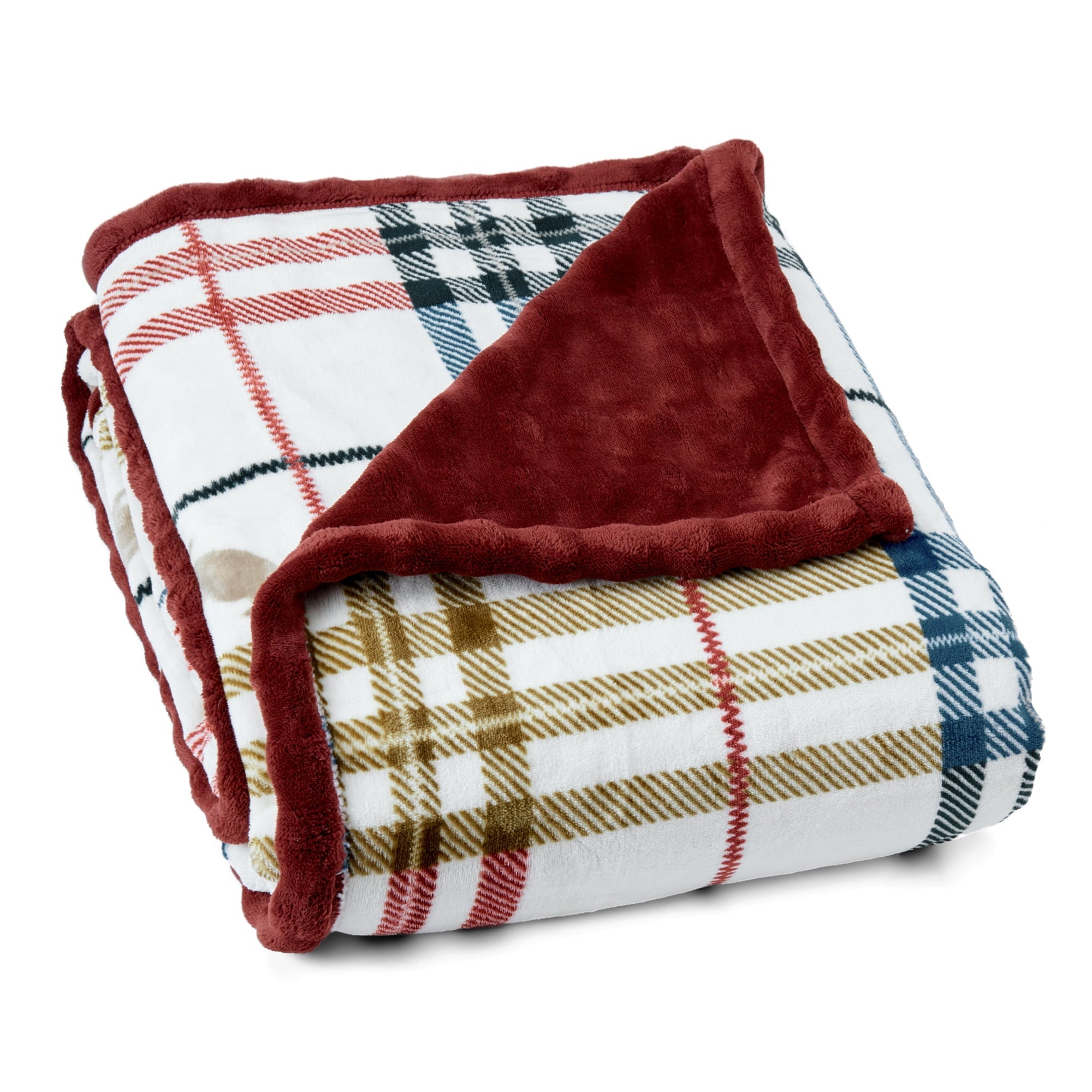 Decorative Knitted Academic Plaid Tartan Crest with Faux Leather Patch and Milky Mink Reverse Throw, 60x70 inches - Luxury Knitted Decorative Throw Blanket with Fringes Detail