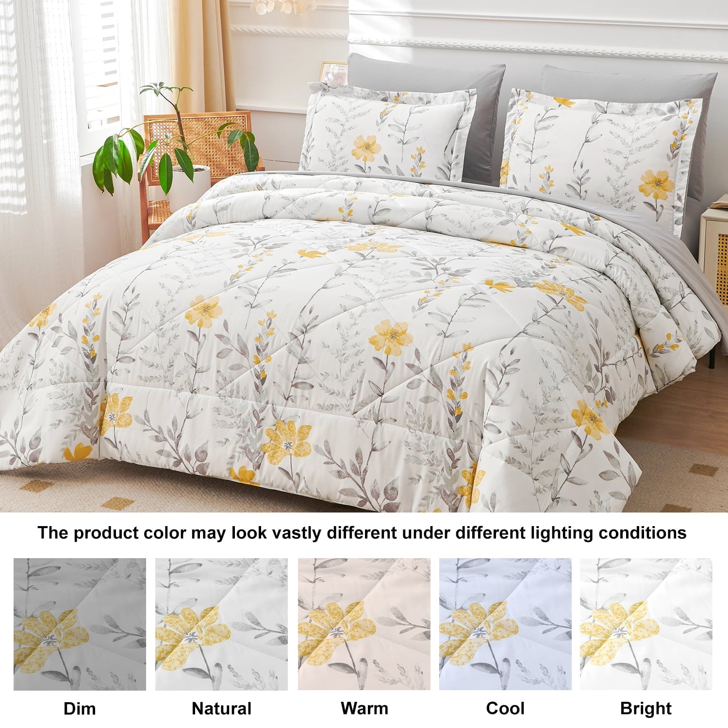 Fluffy Down Alternative 3 Piece Comforter Set Queen Yellow Floral Quilt Microfiber Patchwork Bedspread - All-Season Down Alternative Comforter Insert Detail