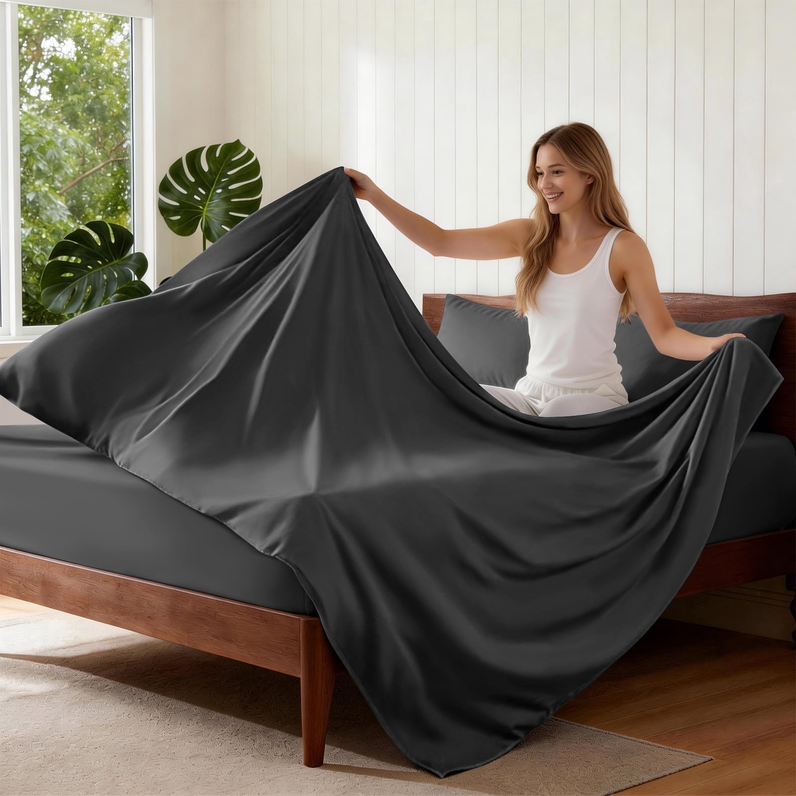 Premium Egyptian Cotton Sheets,Soft Hotel Luxury Polyester Washed Cotton,4 Piece Sheets Set,with 14" Deep Pocket,Dark Gray - Premium Ultra-Soft Pillowcase Pair for Sleeping Detail