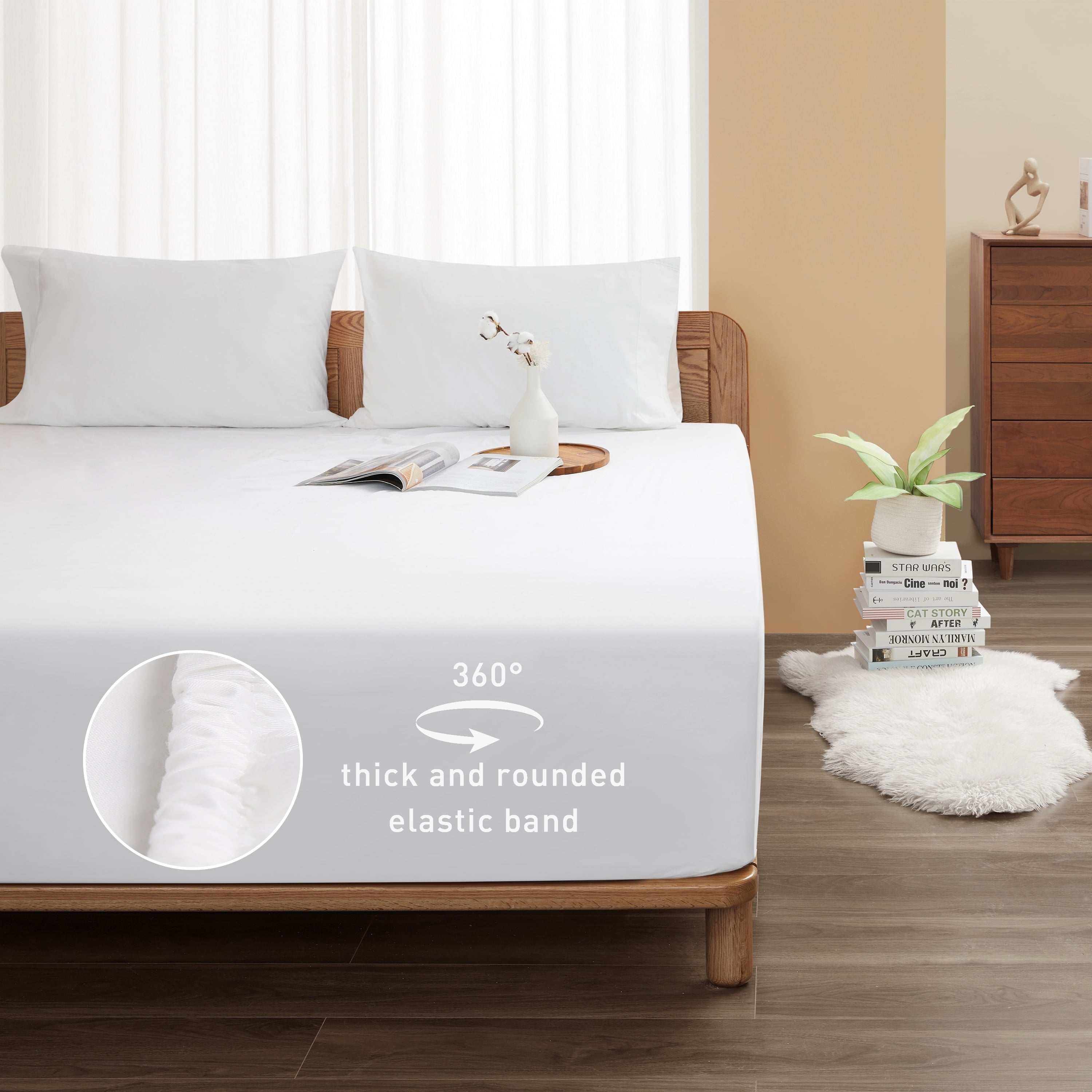 Premium Egyptian Cotton 100% Cotton Queen Size Fitted Sheet Only, 300 Thread Count White Fitted Bed Sheet with 22” Extra Deep Pocket, Soft & ... - Premium Ultra-Soft Pillowcase Pair for Sleeping Detail