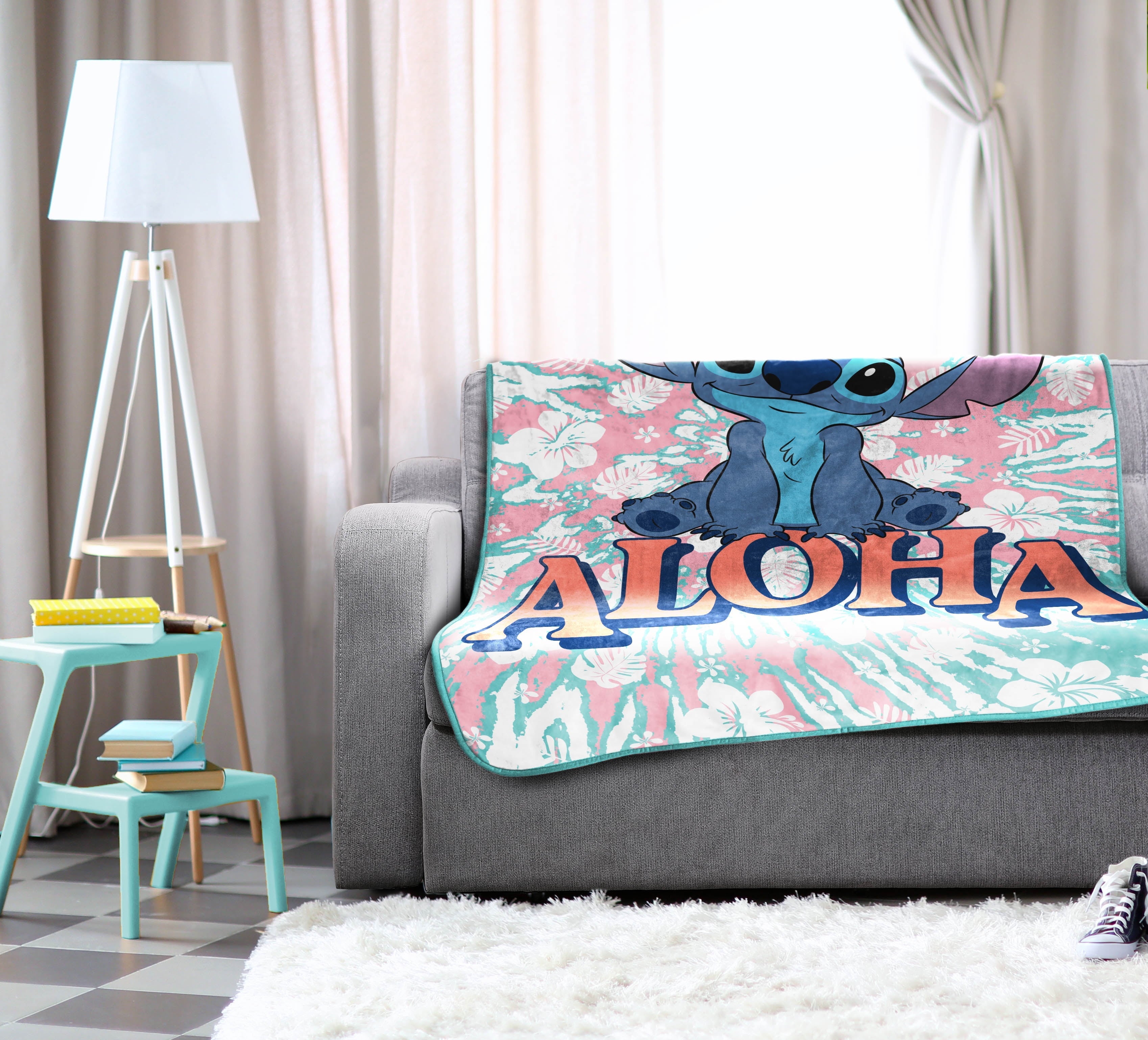 Cozy Fleece Lilo and Stitch Kids Throw Blanket, 46 x 60, Microfiber, Blue, Disney - Super Soft Reversible Sherpa Flannel Blanket Detail