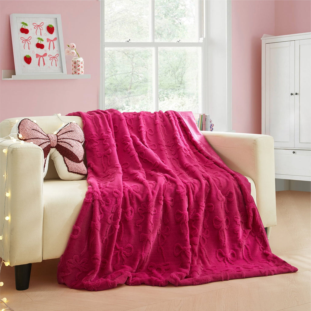 Decorative Knitted Gen Z 50" x 60"Carved Bow Faux Fur Throw - Cozy Fleece Throw Blanket for Couch & Bed Detail