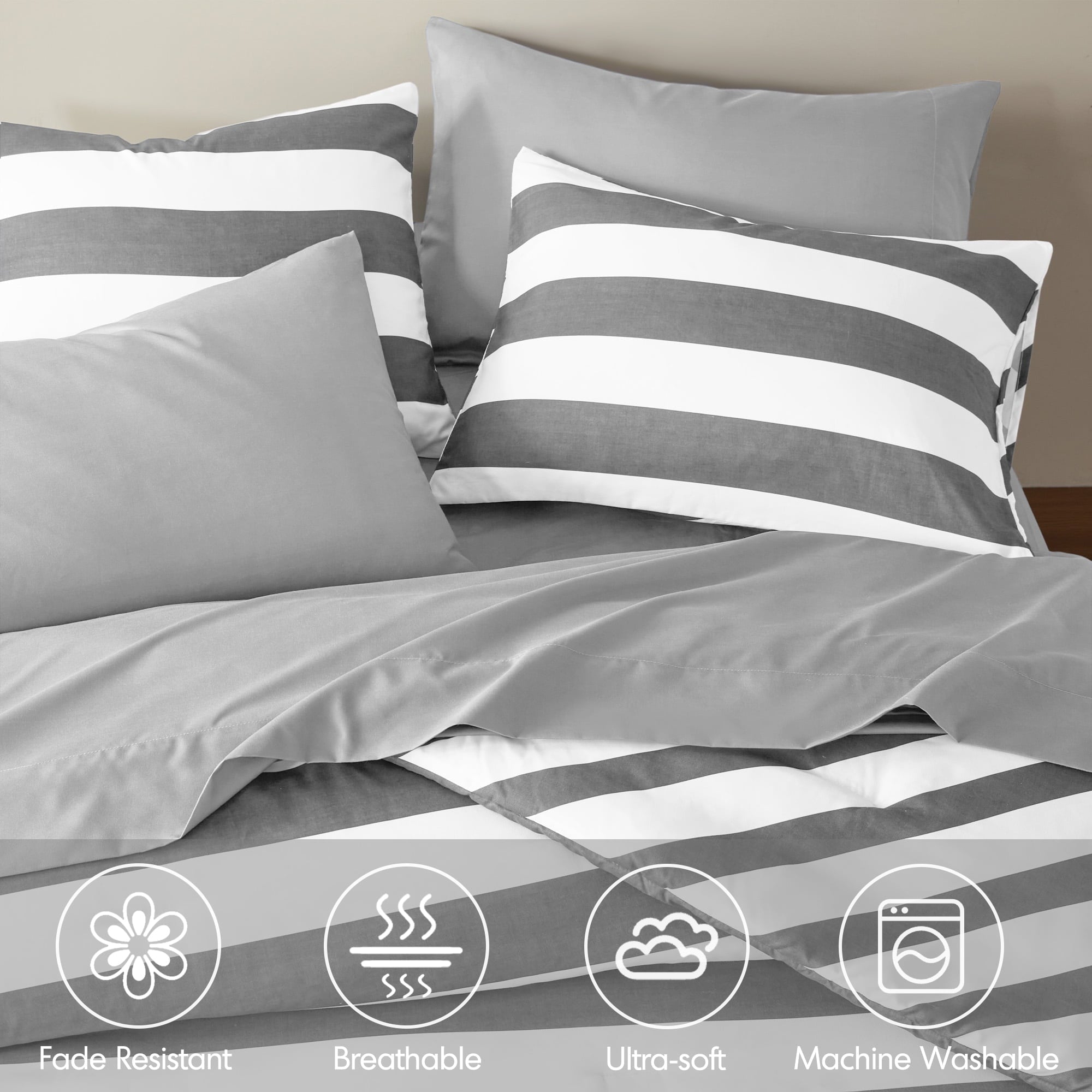 Luxurious Quilted Full/Queen Size Comforter Sets, 3-Piece Bedding Set Full/Queen, Reversible Striped Comforter Bed Set, Charcoal - Luxurious Quilted Duvet Cover Set Detail