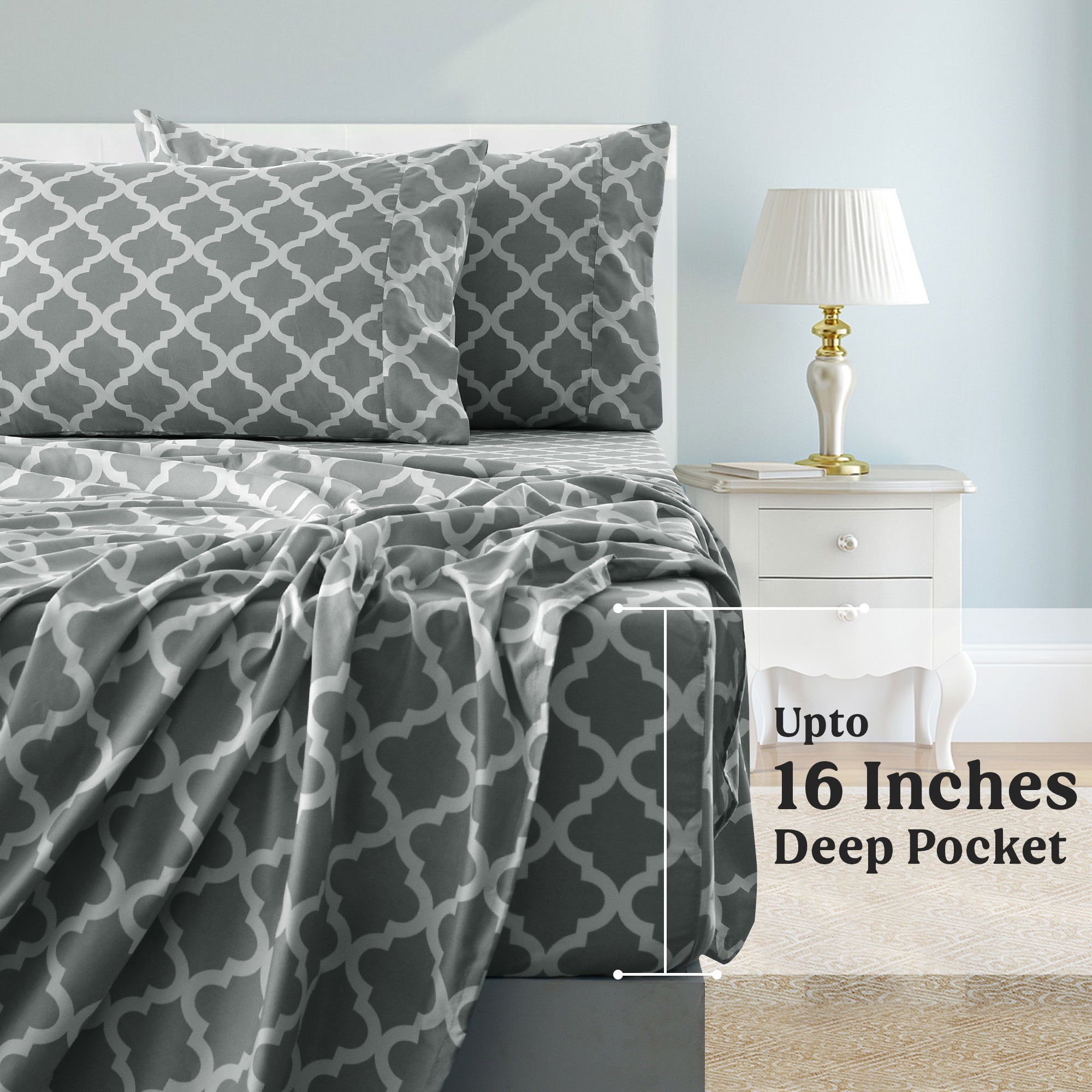 Premium Egyptian Cotton King Size Bed Sheets Set, ury 4 Piece Microfiber Deep Pocket Fitted Sheet, Flat Sheet & Pillowcases Bedding Sheets Se... - Luxury Bed Sheet Set with Deep Pockets Detail