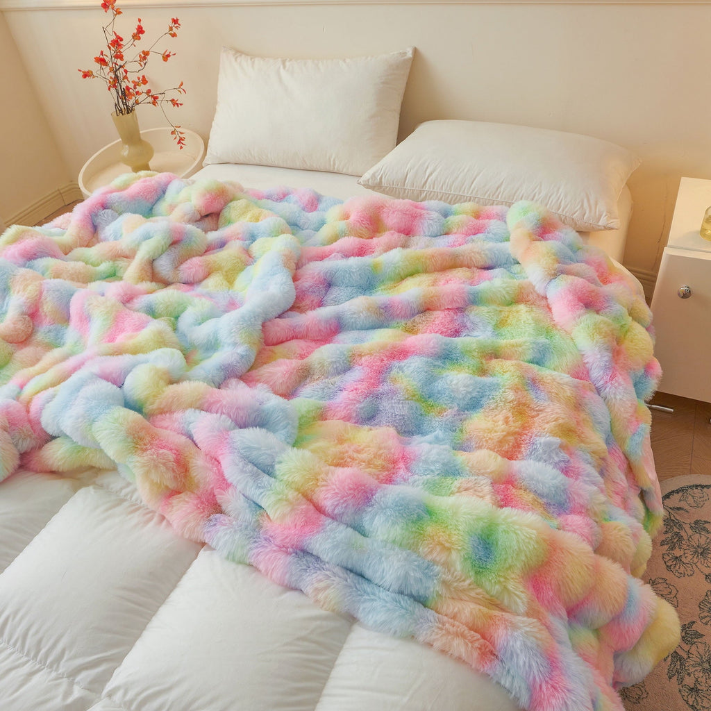 Lightweight Warm Fluffy Faux Rabbit Fur Bubble Throw, Rainbow Plush Shaggy Blanket for Couch Sofa Chair, Soft Tie Dye Furry Blanket Ad... - Lightweight Plush Warm Blanket for All Seasons Detail