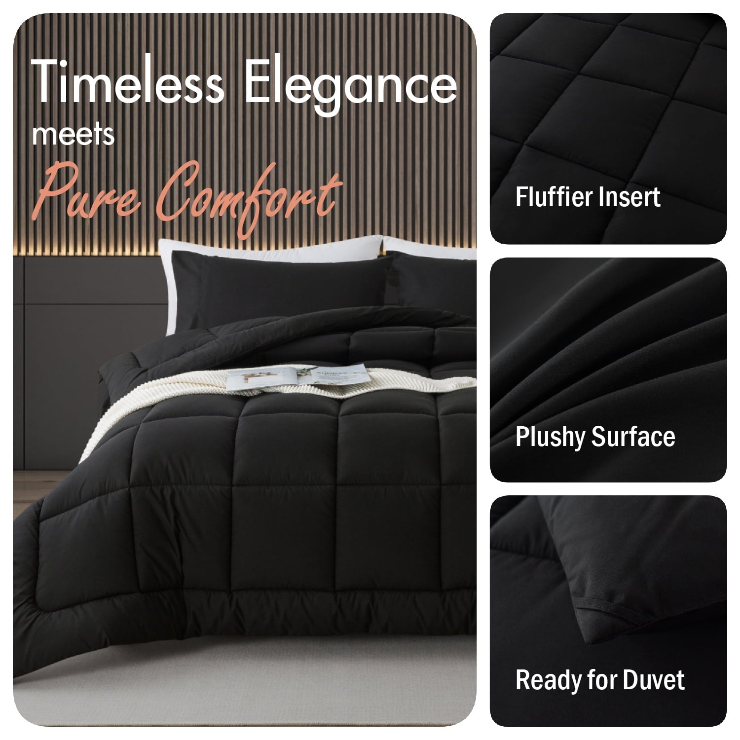 Heavyweight Warmth Queen Size 3-Piece All-Season Down Alternative Comforter Set Deep Black (Comforter and Pillowcase Bedding Set / bed i... - Luxurious Quilted Duvet Cover Set Detail