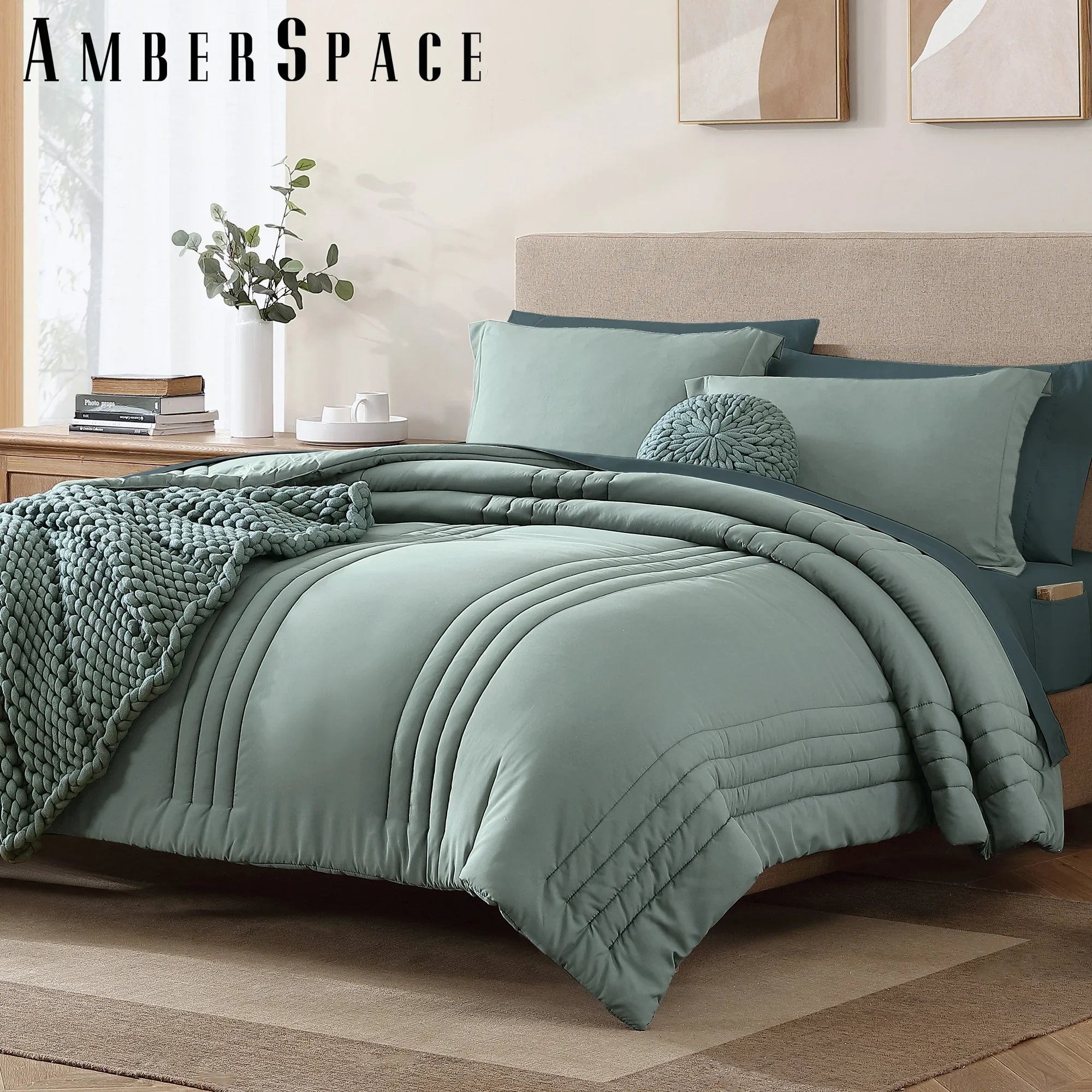 Luxurious Quilted 7-piece Bed in a Bag Comforter Set with Sheets,Sage Green,Full - Hypoallergenic Ultra-Fluffy Quilt for Winter Detail