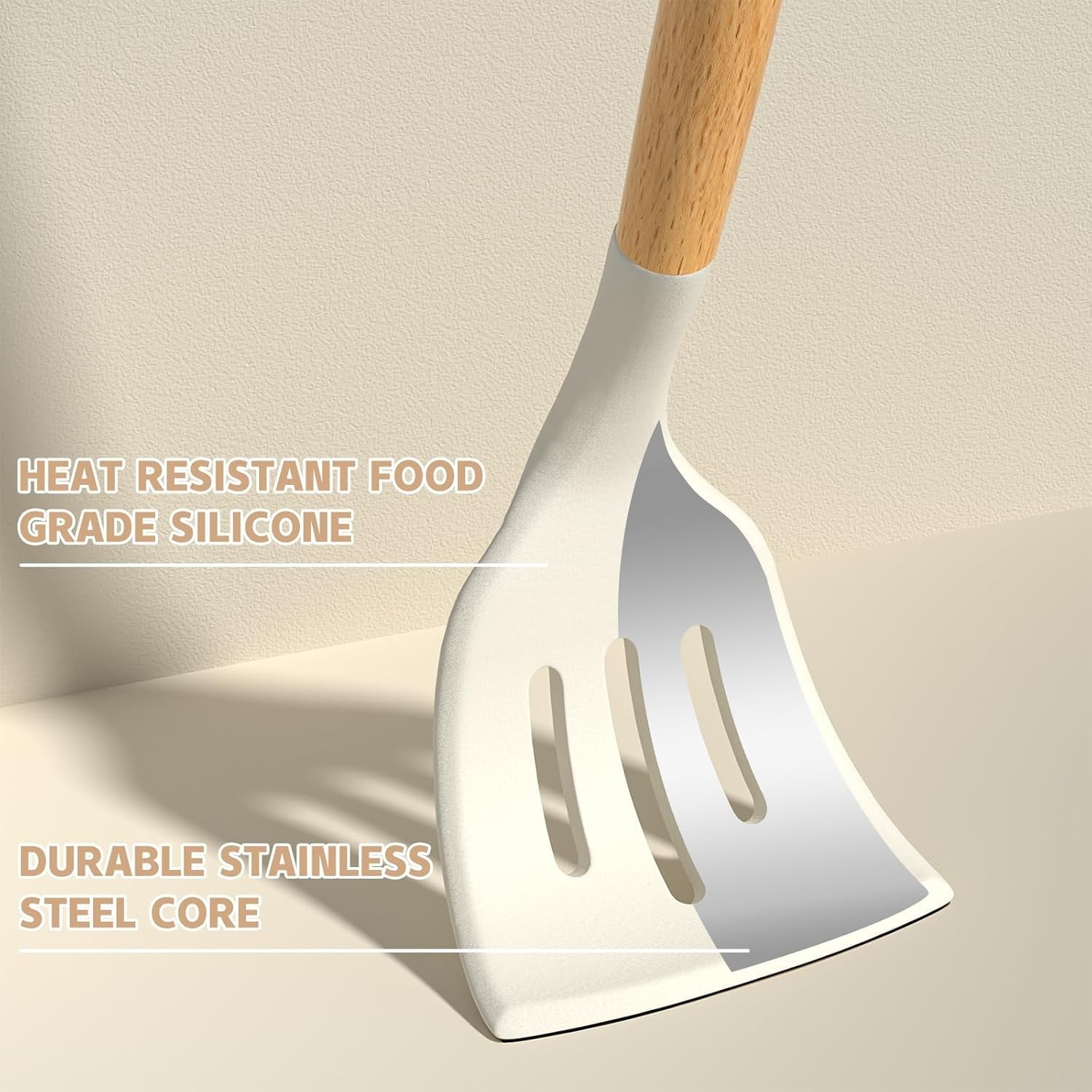 Premium Silicone Kitchen Cooking Utensils Set, 33 pcs Non-stick Silicone Cooking Kitchen Utensils Spatula Set with Holder, Wooden Hand... - Ergonomic Kitchen Tongs and Cooking Spoon Utensil Detail