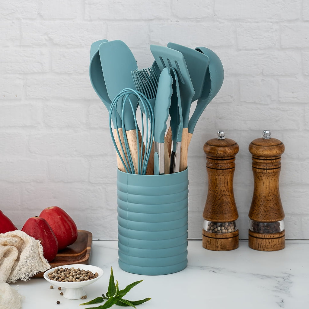 Premium Silicone Small Silicone Cooking Utensils with Holder Set (12Pack), Aqua Kitchen Tools with Wooden Handle for Nonstick... - Premium Stainless Steel Cooking Utensil for Non-Stick Pots Detail