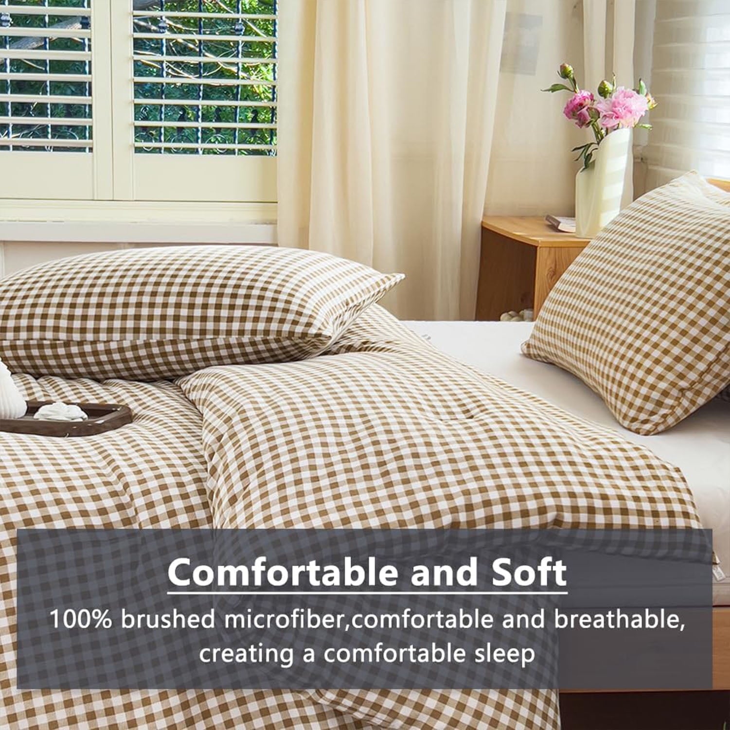 All-Season Tan Gingham Queen Comforter Set, Taupe Plaid Bedding Set, Checked Bed Comforter 3 Pieces(Tan Gingham, Queen) - Cloud-Like Soft Lightweight Bed Comforter Detail