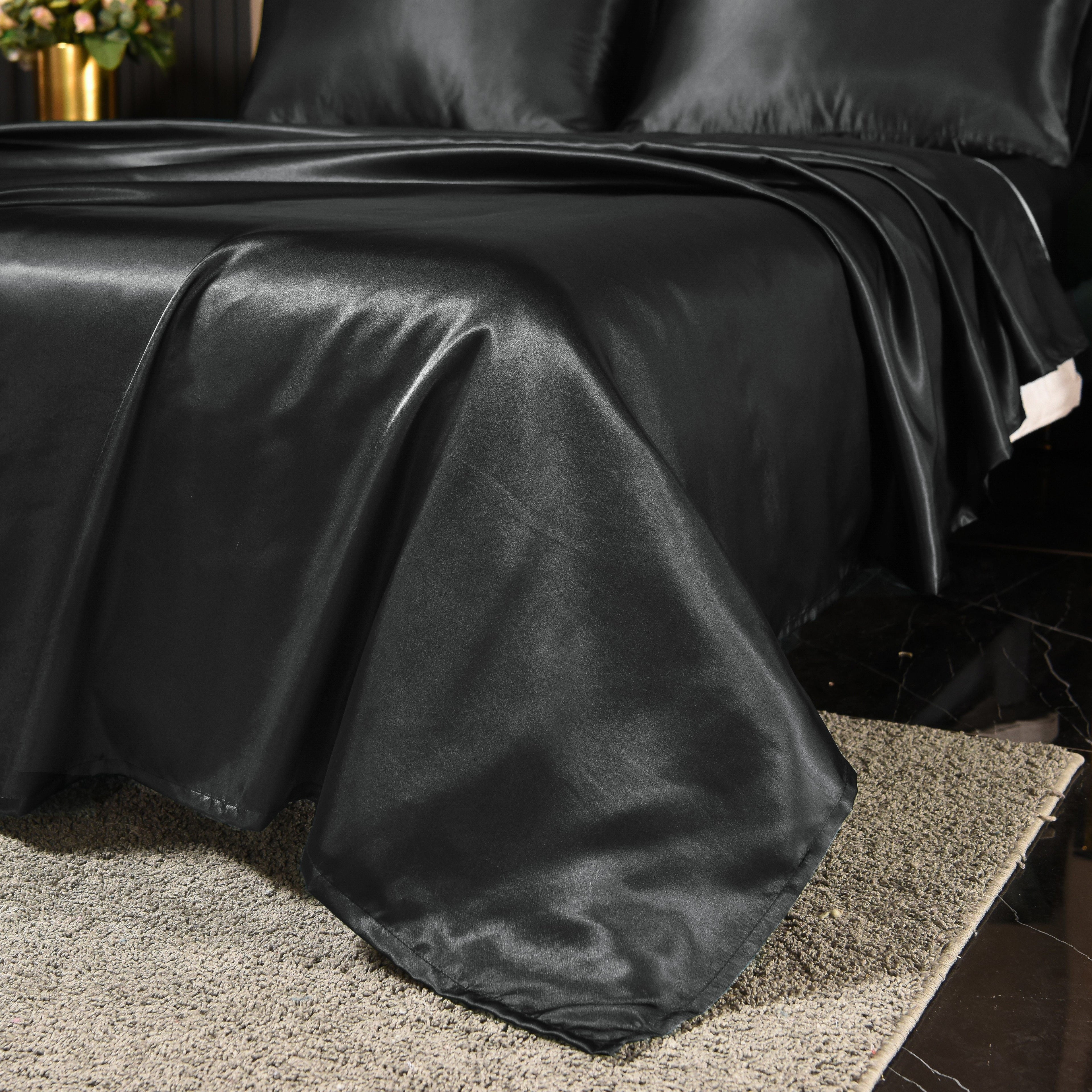 Ultra-Soft Satin Sheets Full Black Luxury Silky Bed Sheets 1800 Microfiber Sheet Set 4 Pcs - Breathable Egyptian Cotton Flat & Fitted Sheets Detail