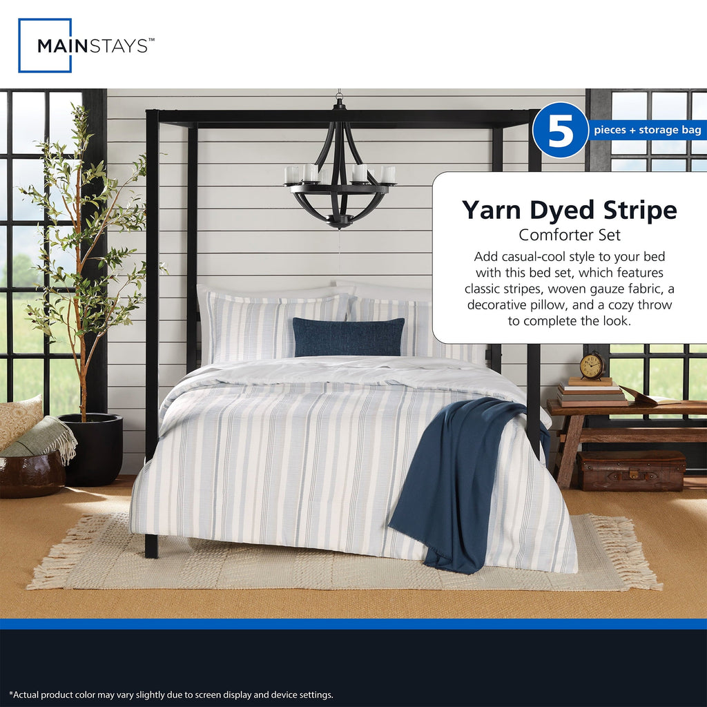 Hypoallergenic Cloud Full/Queen Comforter Set, All-Season, 5-Piece, Blue Yarn Dyed Stripe - Luxurious Quilted Duvet Cover Set Detail