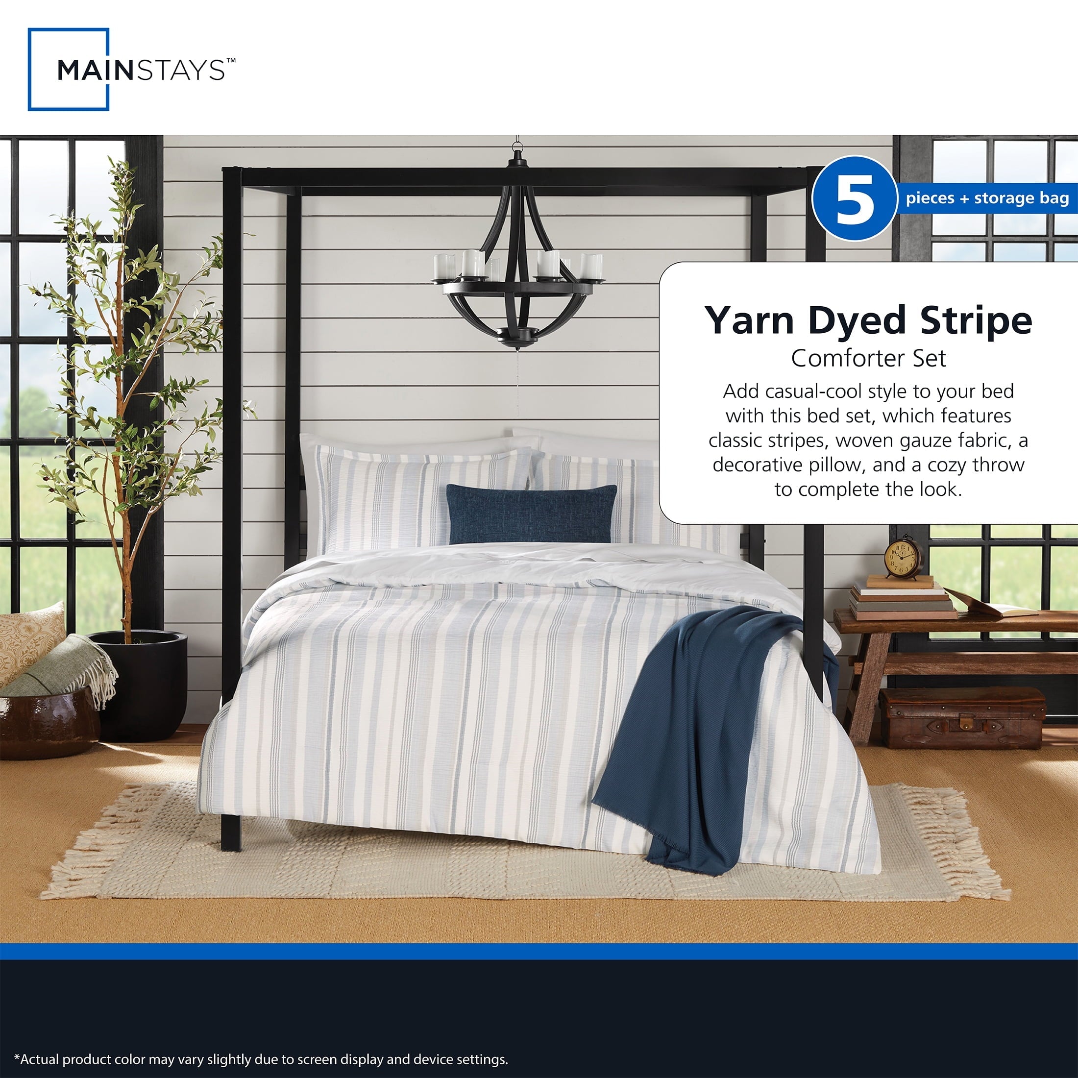 Hypoallergenic Cloud Full/Queen Comforter Set, All-Season, 5-Piece, Blue Yarn Dyed Stripe - Luxurious Quilted Duvet Cover Set Detail