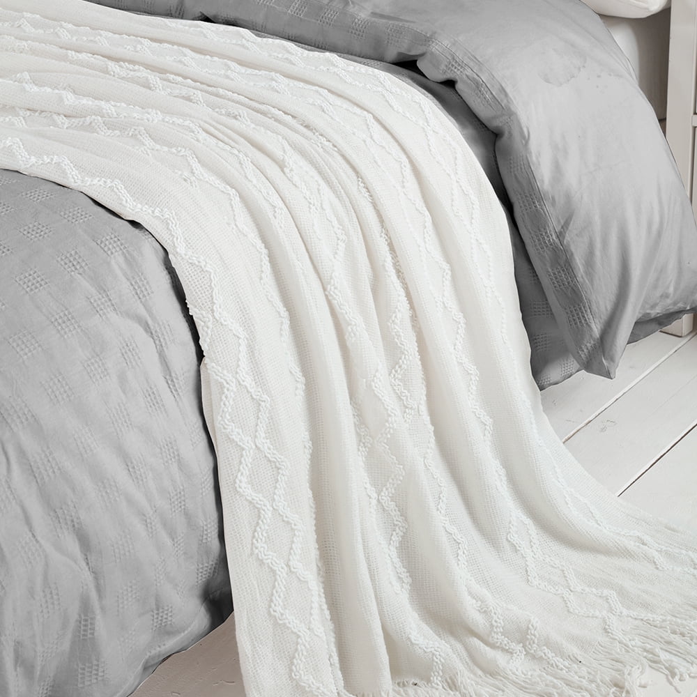 Super Soft Flannel Fluffy Chenille Knitted Fringe Throw Blanket, Lightweight Soft Cozy Bed Sofa Chair Blanket, White, 50" x 60" - Super Soft Reversible Sherpa Flannel Blanket Detail