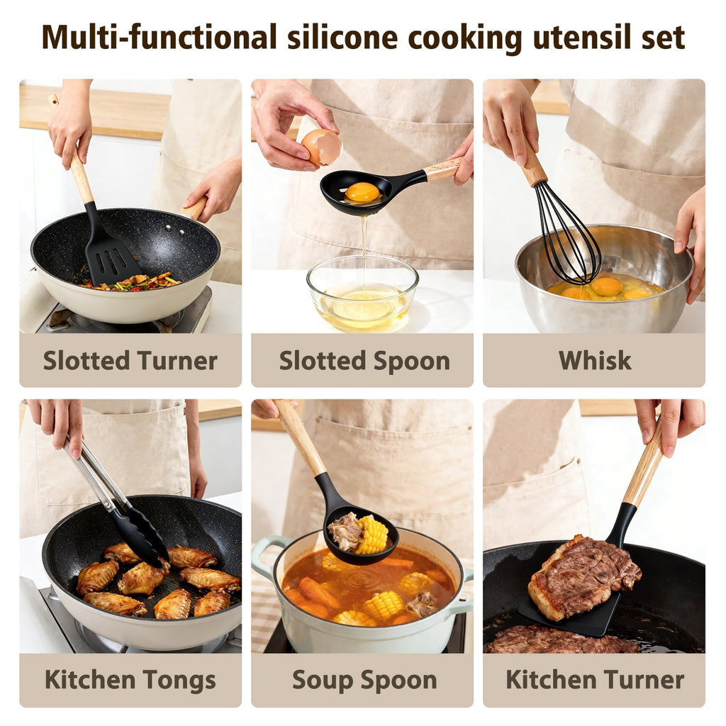 Premium Silicone Silicone Cooking Utensils Set, Heat Resistant Kitchen Cooking Utensils Set, 12 PCS Handle Silicone Kitchen Gadgets Ut... - Premium Stainless Steel Cooking Utensil for Non-Stick Pots Detail