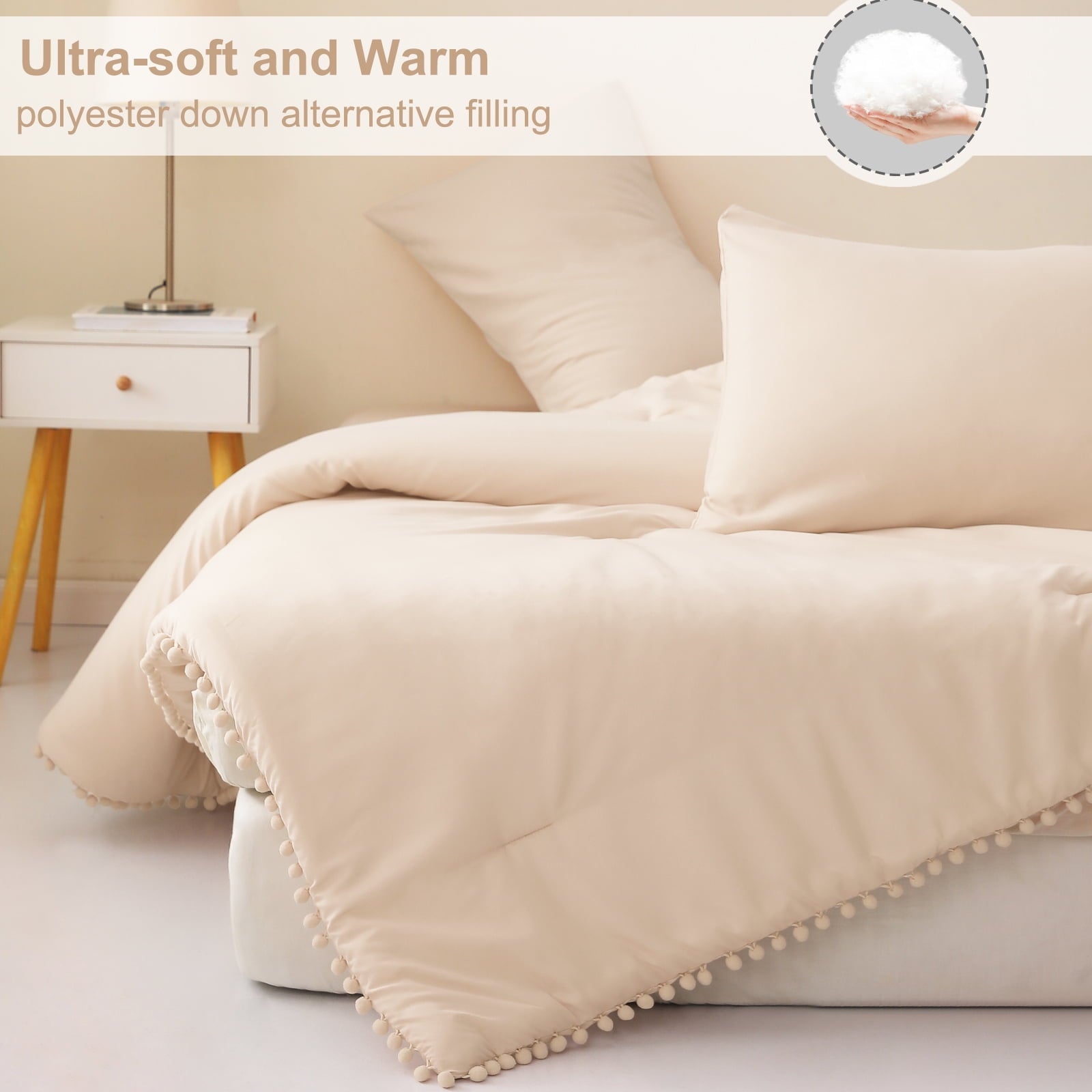 Heavyweight Warmth Boho Pom Pom Ball Fringe King Size Comforter Set, 3 Pieces Beige Lightweight Down Alternative Bedding Comforter Sets ... - Cloud-Like Soft Lightweight Bed Comforter Detail