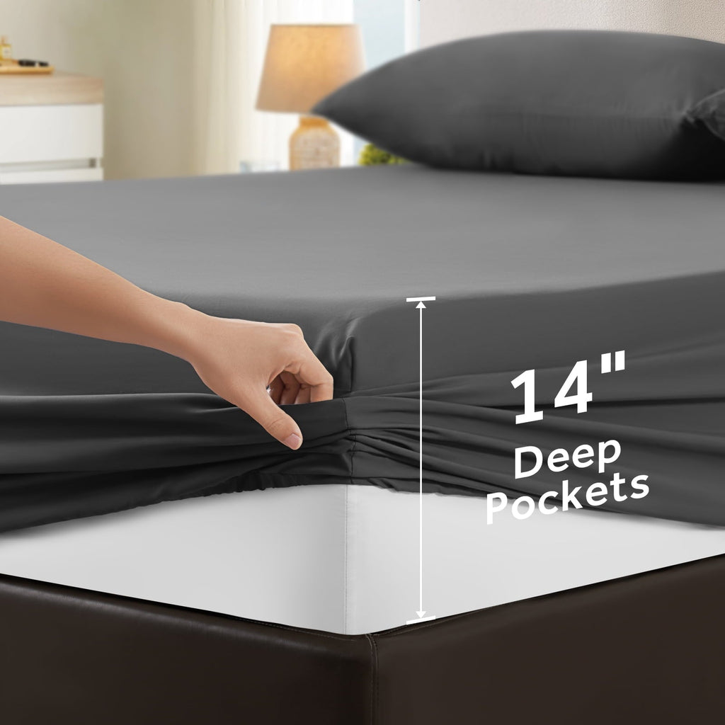 Premium Egyptian Cotton Sheets,Soft Hotel Luxury Polyester Washed Cotton,4 Piece Sheets Set,with 14" Deep Pocket,Dark Gray - Premium Ultra-Soft Pillowcase Pair for Sleeping Detail