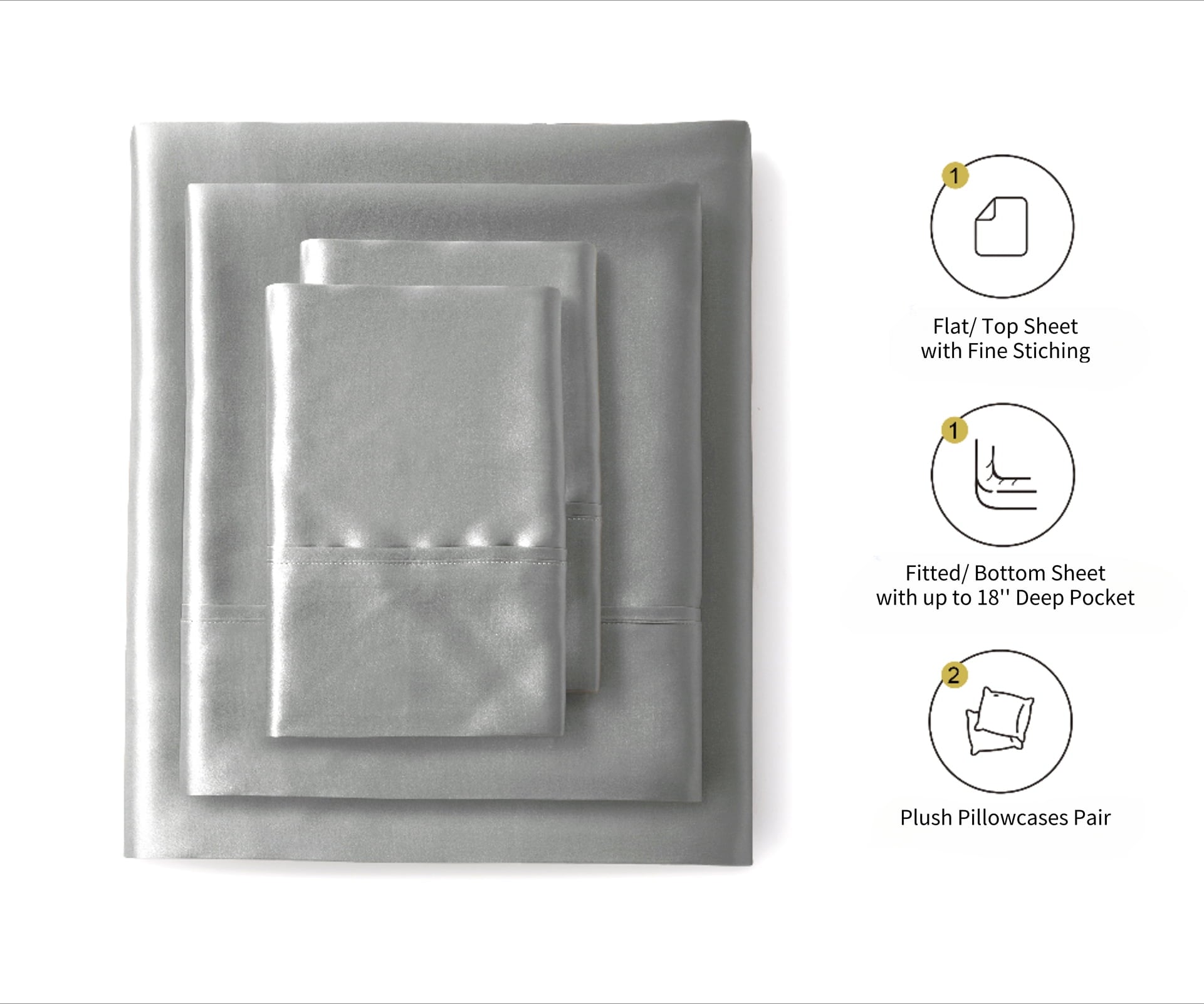Breathable Luxury Luxury Satin Sheets Set Full Size Light Gray, 4-Piece Bedding Sets with Deep Pockets - Soft and Smooth Satin Bed Shee... - Breathable Egyptian Cotton Flat & Fitted Sheets Detail