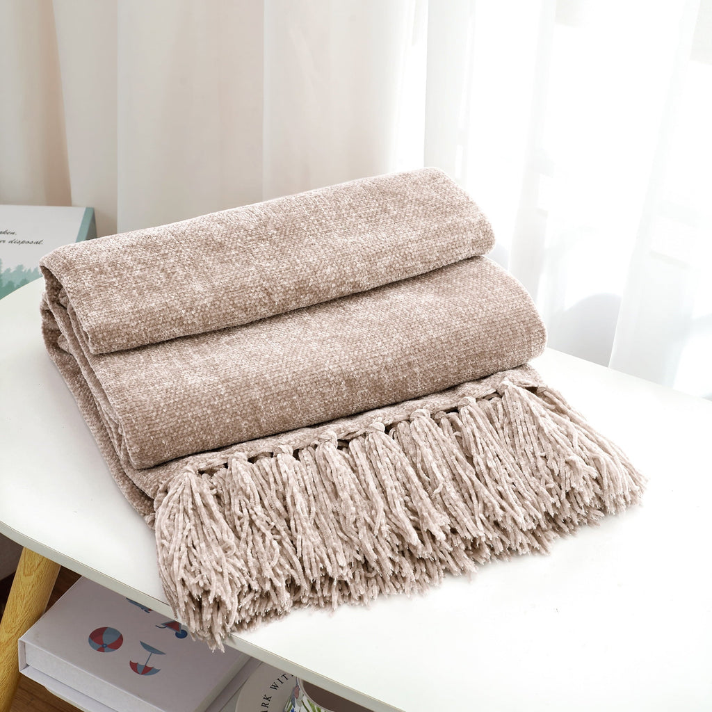 Lightweight Warm Chenille Throw Blanket with Fringe Tassel for Couch Sofa Chair Bed, Taupe 50" X 60" - Luxury Knitted Decorative Throw Blanket with Fringes Detail