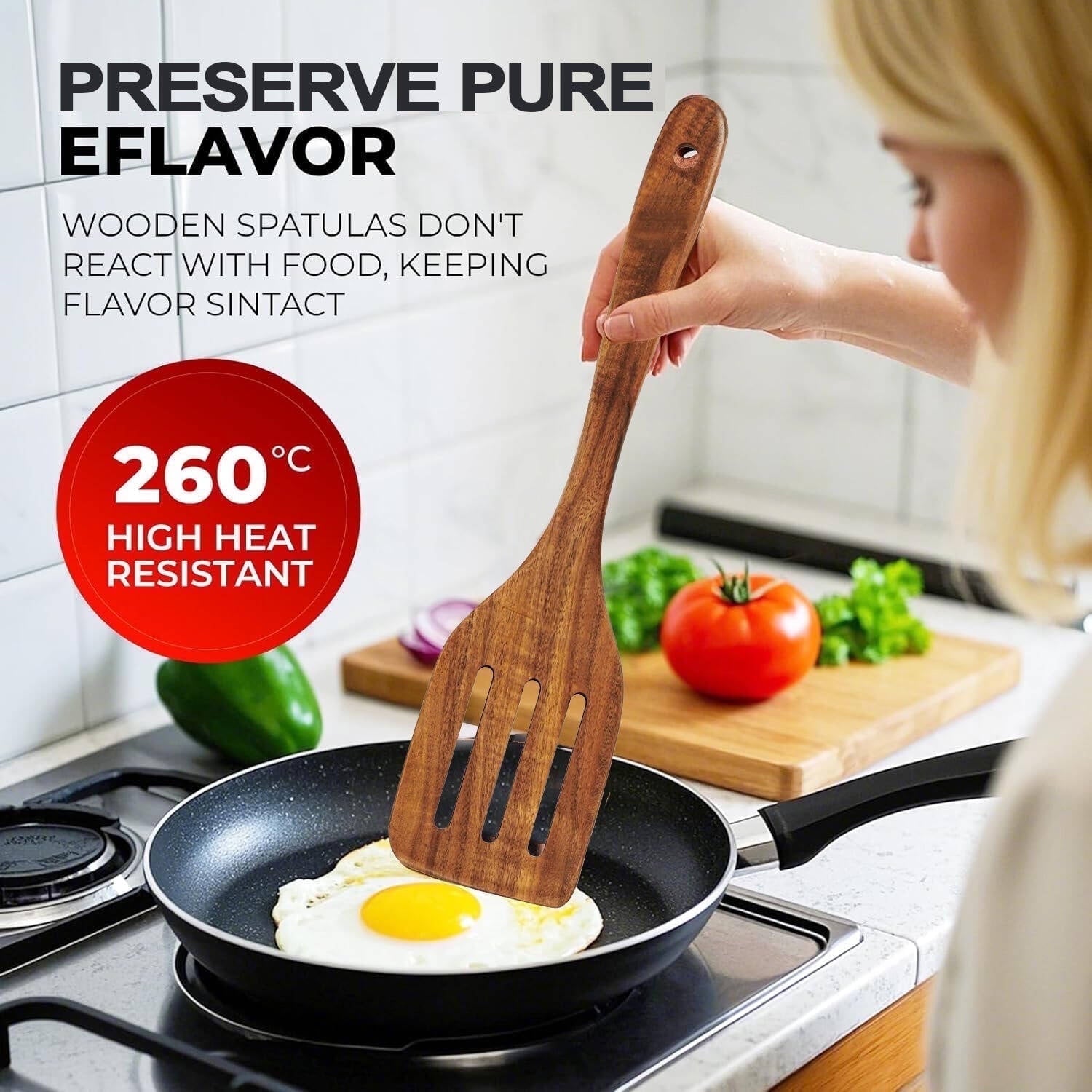 Non-Stick Safe 6-Piece Natural Teak Wooden Spoons for Cooking With 10 Hooks，Handcrafted Kitchen Utensils Set ，Ideal Gift Set - Heat-Resistant Silicone Cooking Spatula Turner Detail