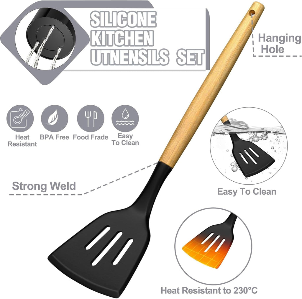 Heavy Duty Kitchen Utensil Set, 34Pieces Silicone Cooking Utensil Set with Wooden Handle, Heat Resistant Spatula Set Gadg... - Multi-Purpose Hand Tool for Daily Meal Prep Detail