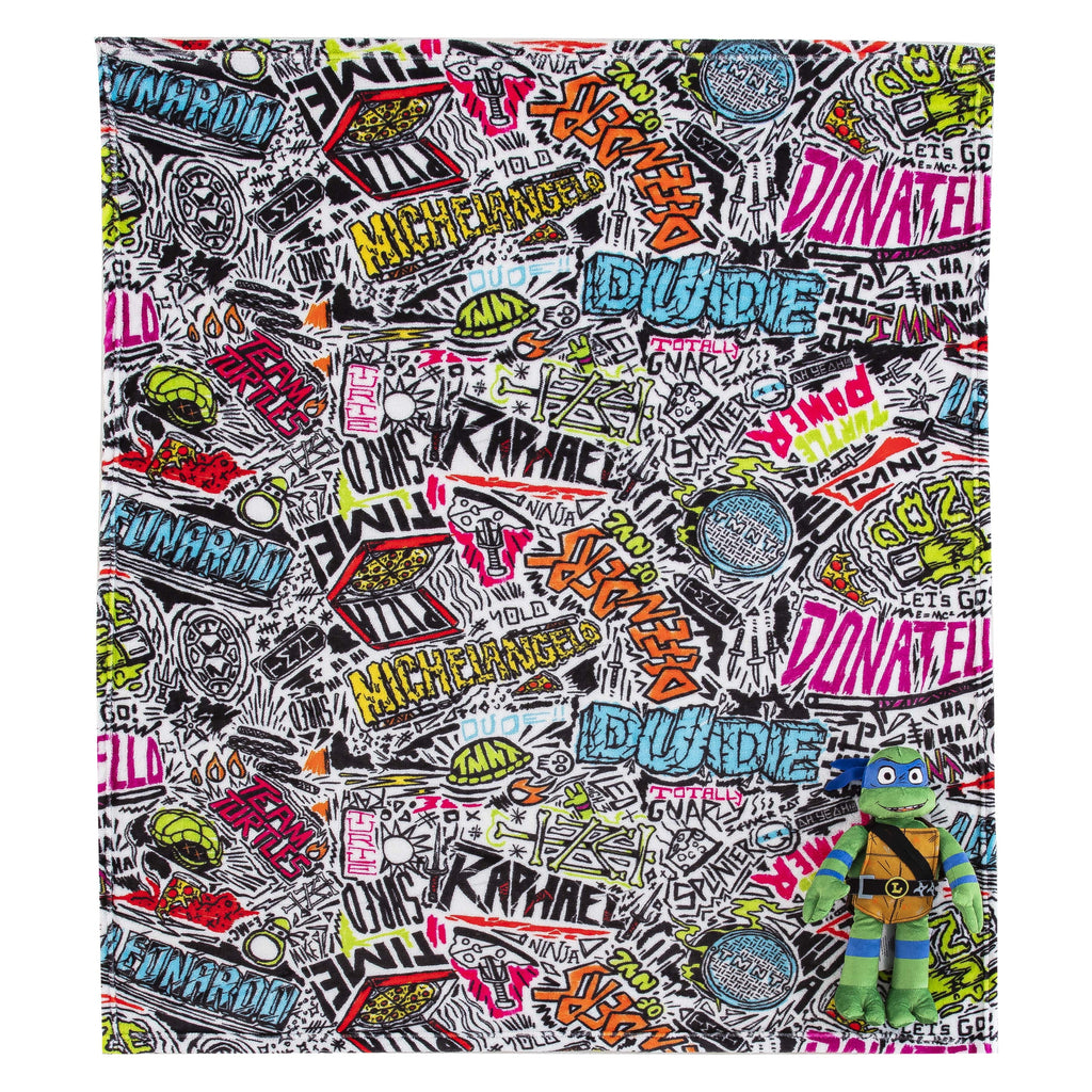 Decorative Knitted Teenage Mutant Tutles Sketched Out Kids Silk Touch Throw Blanket with Plush Hugger – Ultra Soft Plush Character Pillo... - Super Soft Reversible Sherpa Flannel Blanket Detail