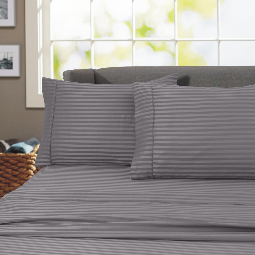 Ultra-Soft 600 100% Cotton Wrinkle Free Striped Sheet Set (Twin, Gray) - Premium Ultra-Soft Pillowcase Pair for Sleeping - Default Title