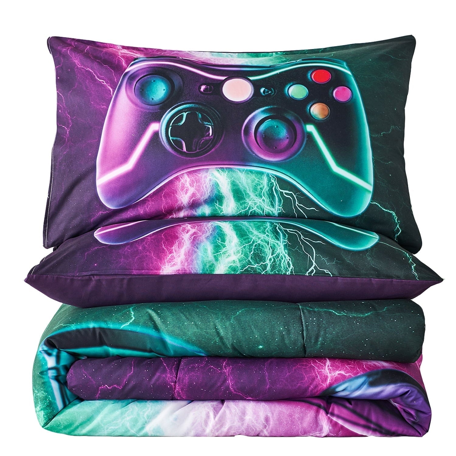 All-Season Queen Size Gaming Comforter Set for Boys,3-Piece 3D Green Purple Lightning Game Controller Bedding Set for Kids Teens - Luxurious Quilted Duvet Cover Set Detail