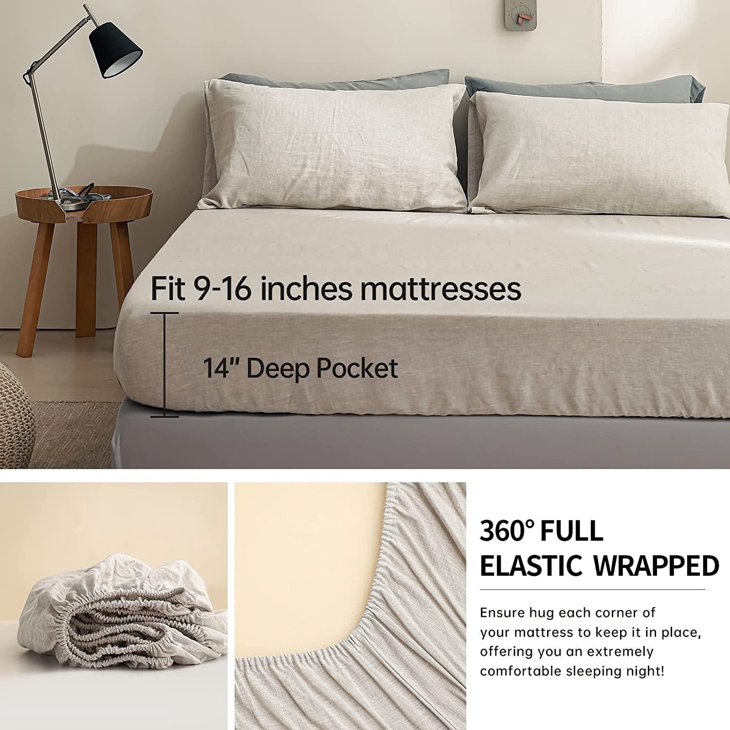 Wrinkle-Resistant 100% Linen Sheet Set Solid Color-4 Pcs Washed French Linen Bed Sheets(1 Flat Sheet,1 Fitted Sheet,2 Pillowcases)-Brea... - Cooling Hotel Quality Bedding Sheets and Pillowcases Detail