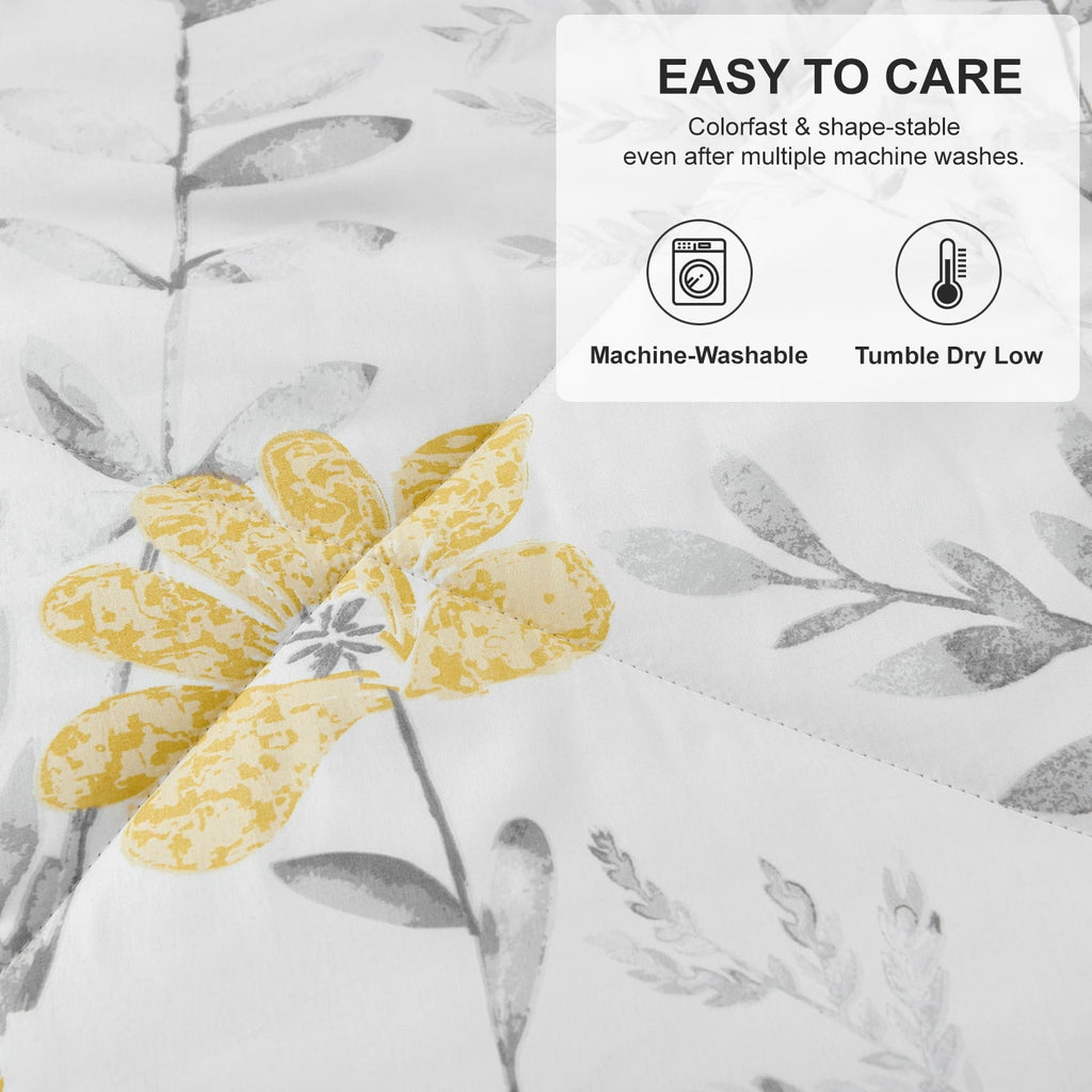 Fluffy Down Alternative 3 Piece Comforter Set Queen Yellow Floral Quilt Microfiber Patchwork Bedspread - All-Season Down Alternative Comforter Insert Detail